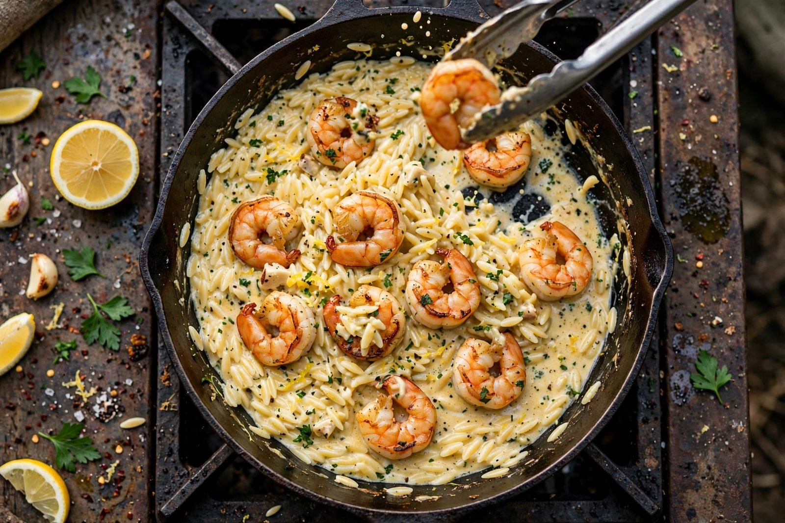 Seared shrimp returned to the skillet and tossed through the orzo