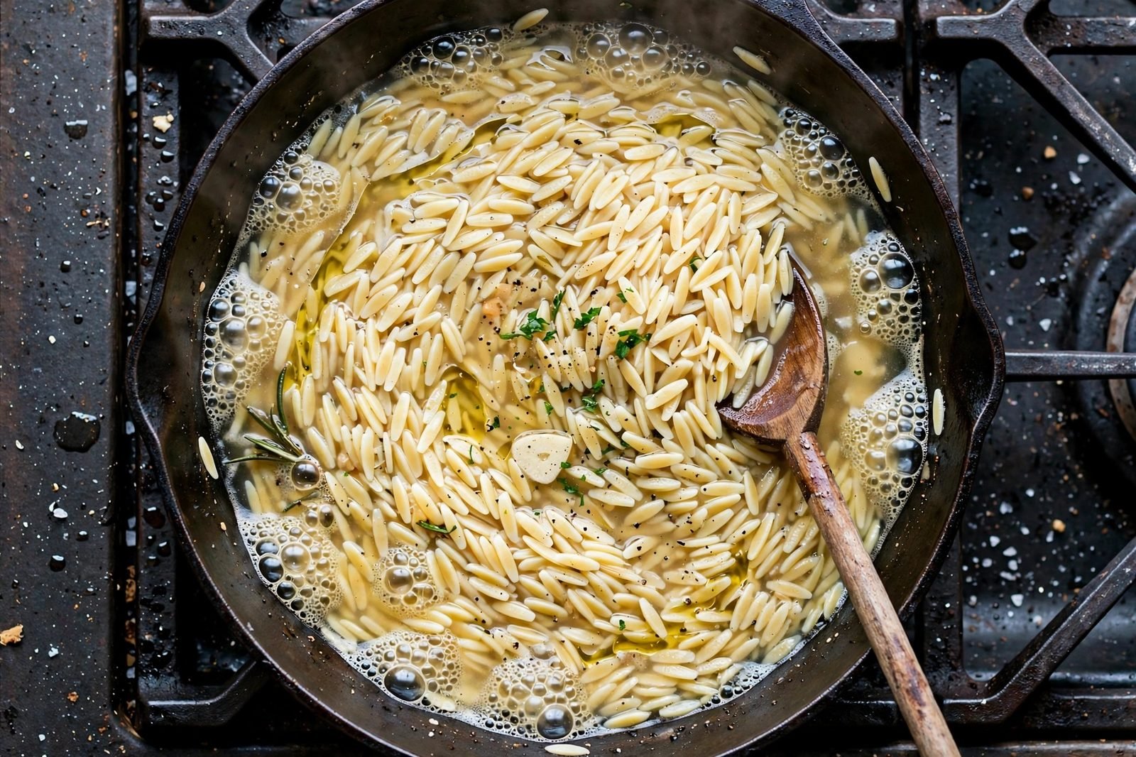 Orzo simmering uncovered in broth