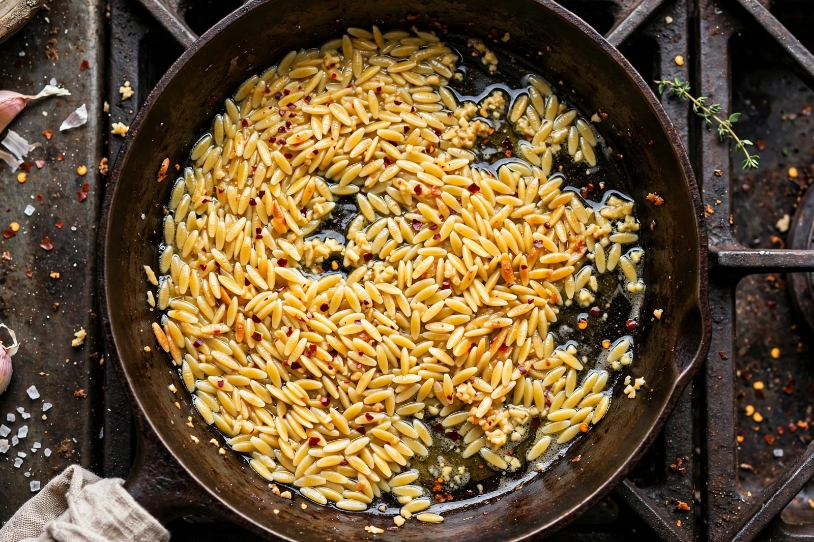 Orzo toasting with garlic and red pepper flakes in butter