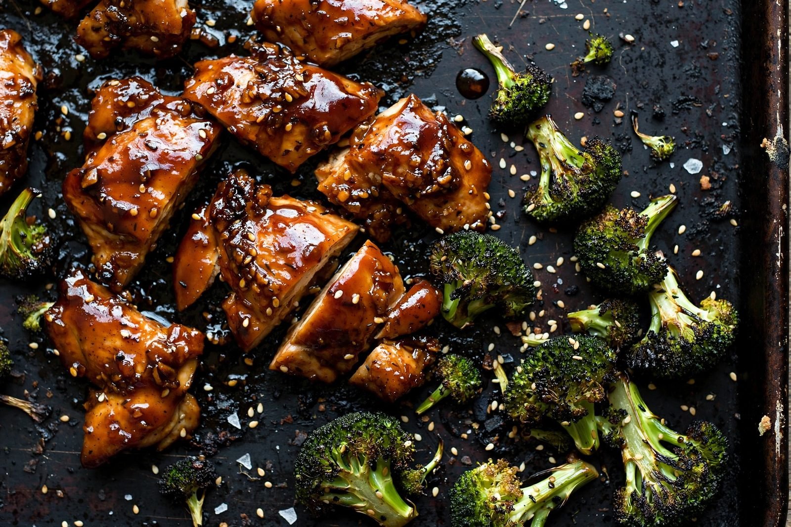 Caramelized teriyaki chicken close-up out of the oven