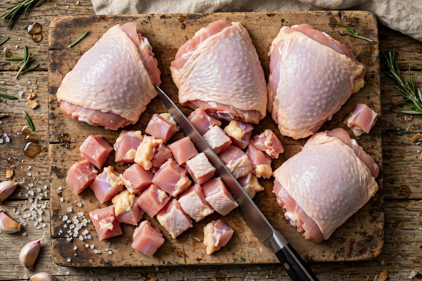 Cutting chicken thighs into pieces