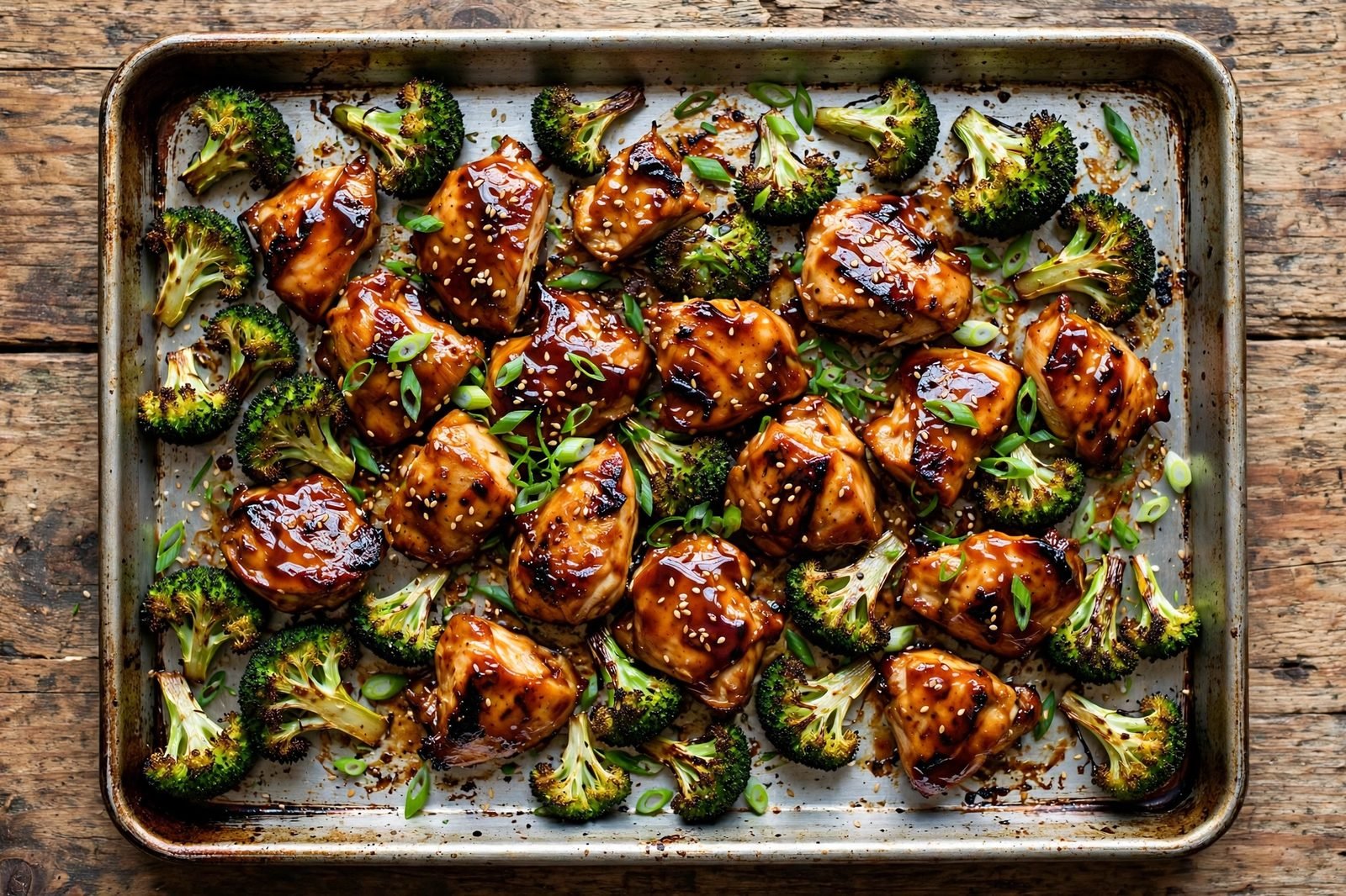Teriyaki-glazed chicken and broccoli on a sheet pan