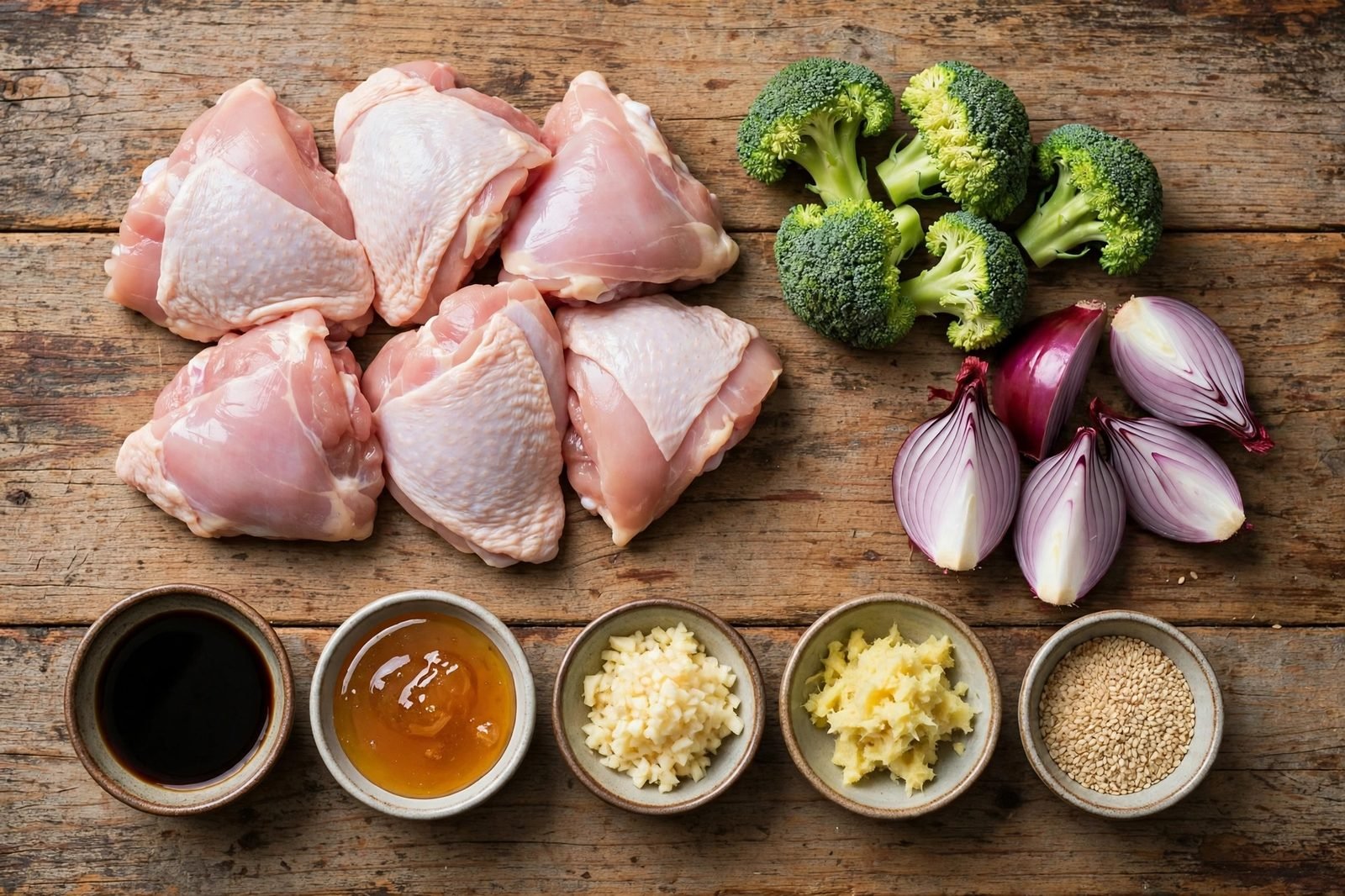 Ingredients for sheet pan teriyaki chicken: chicken thighs, broccoli, red onion, soy sauce, honey, ginger, and rice