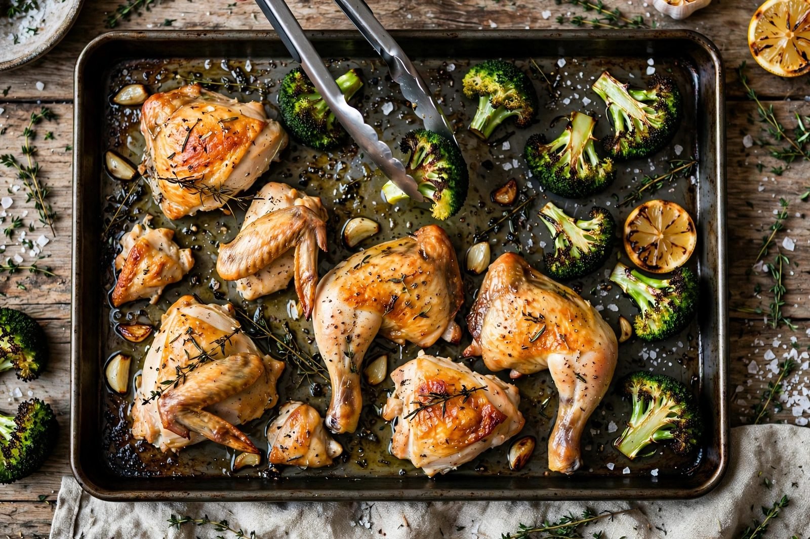 Mid-roast: flipping chicken and stirring vegetables