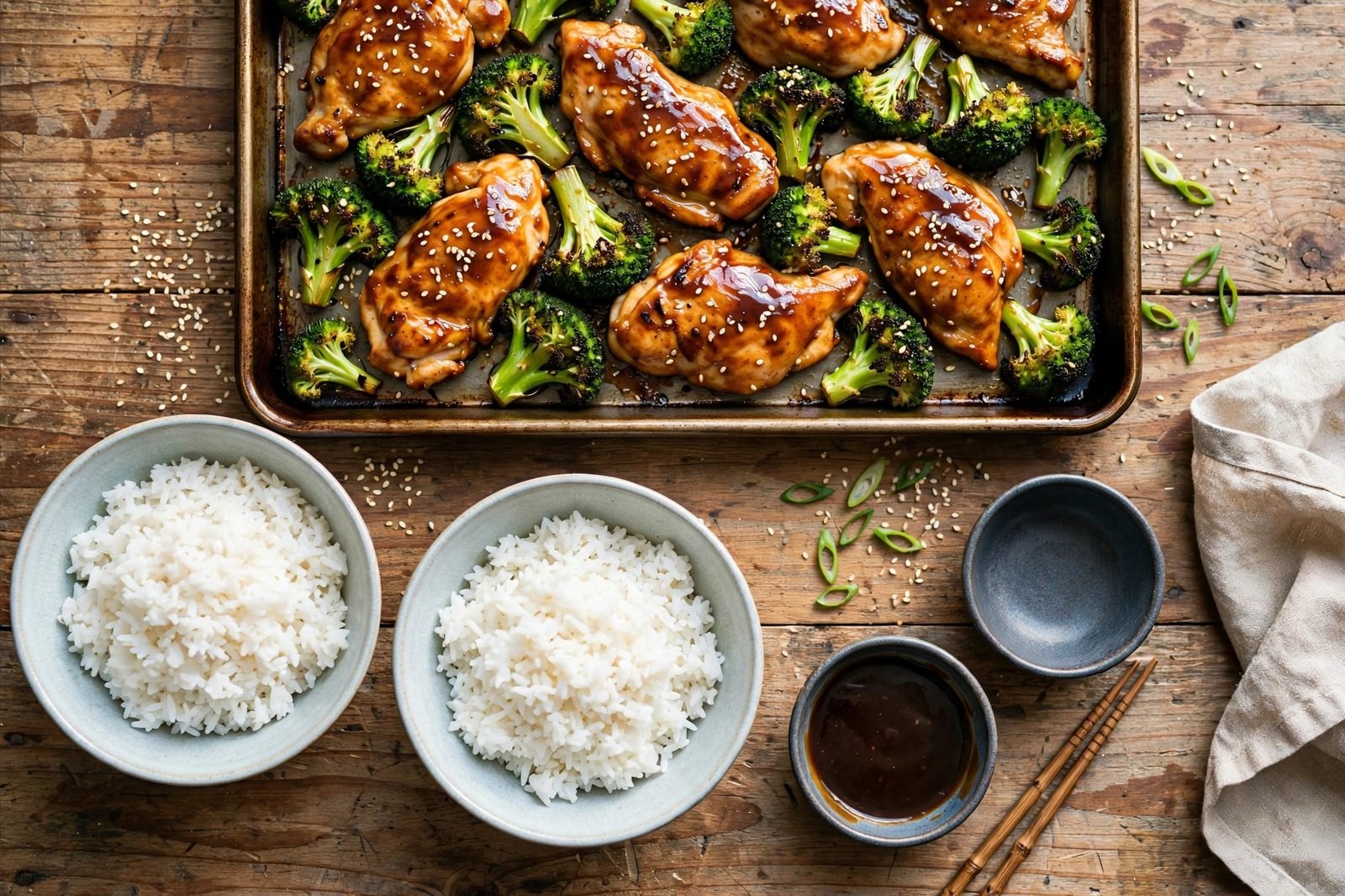 Overhead table spread with teriyaki chicken, glaze bowl, and chopsticks
