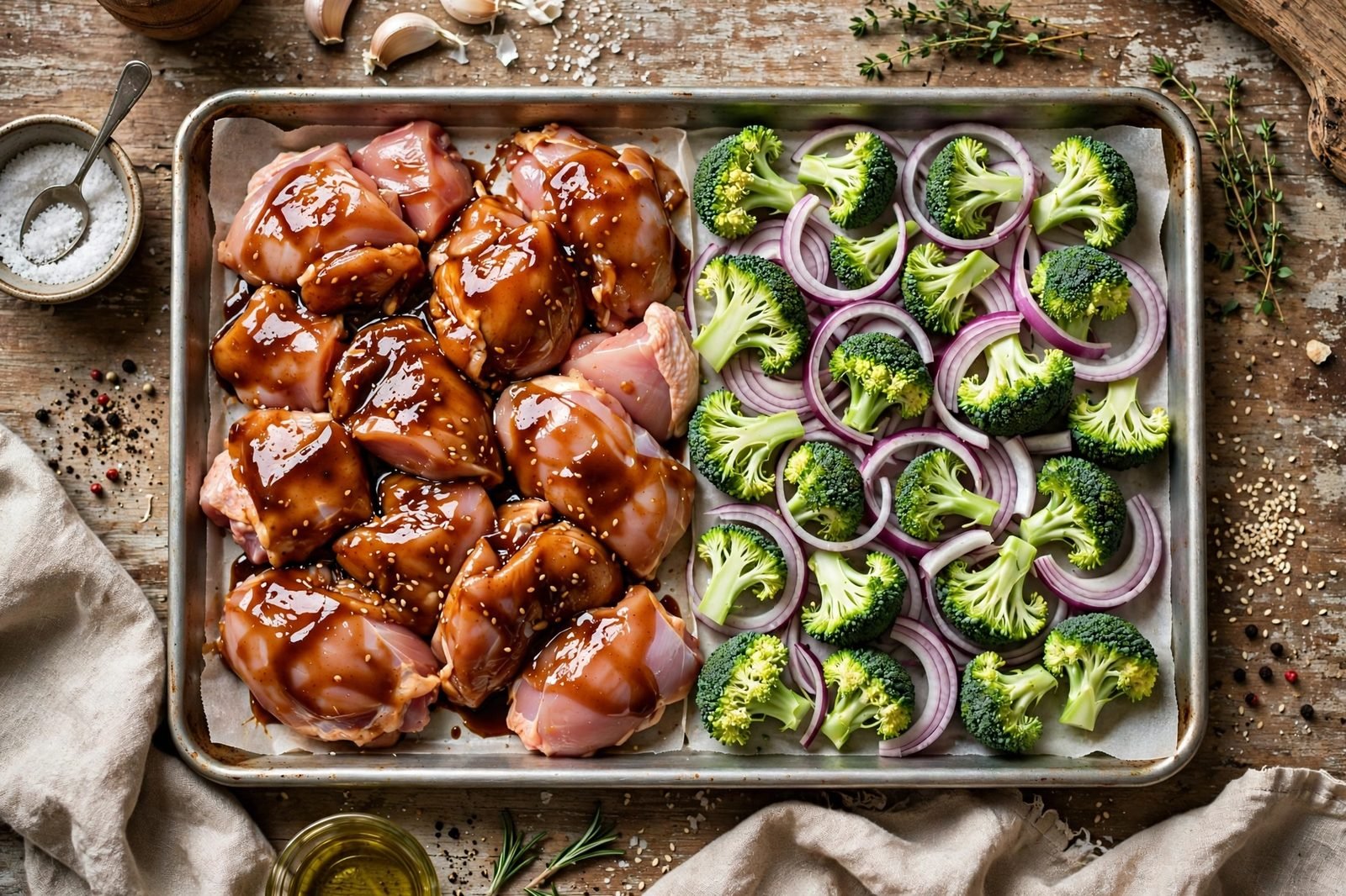 Sheet pan arranged with chicken and vegetables, ready for the oven