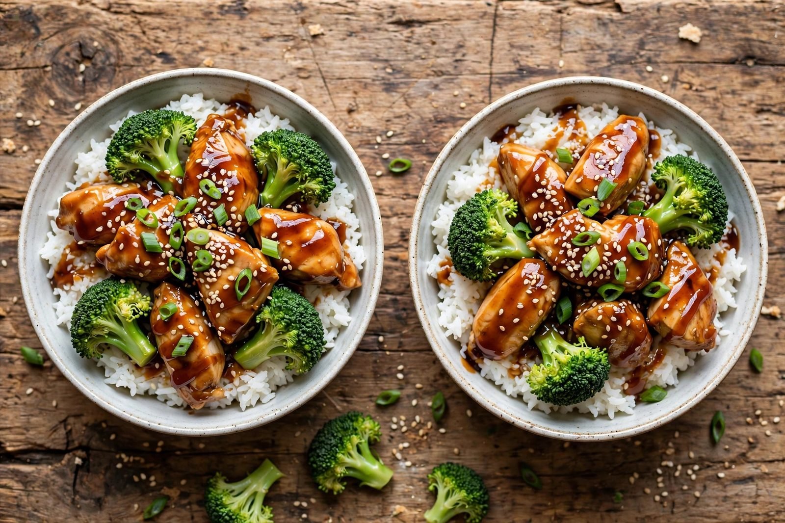 Two bowls of teriyaki chicken and broccoli over jasmine rice with sesame and green onions