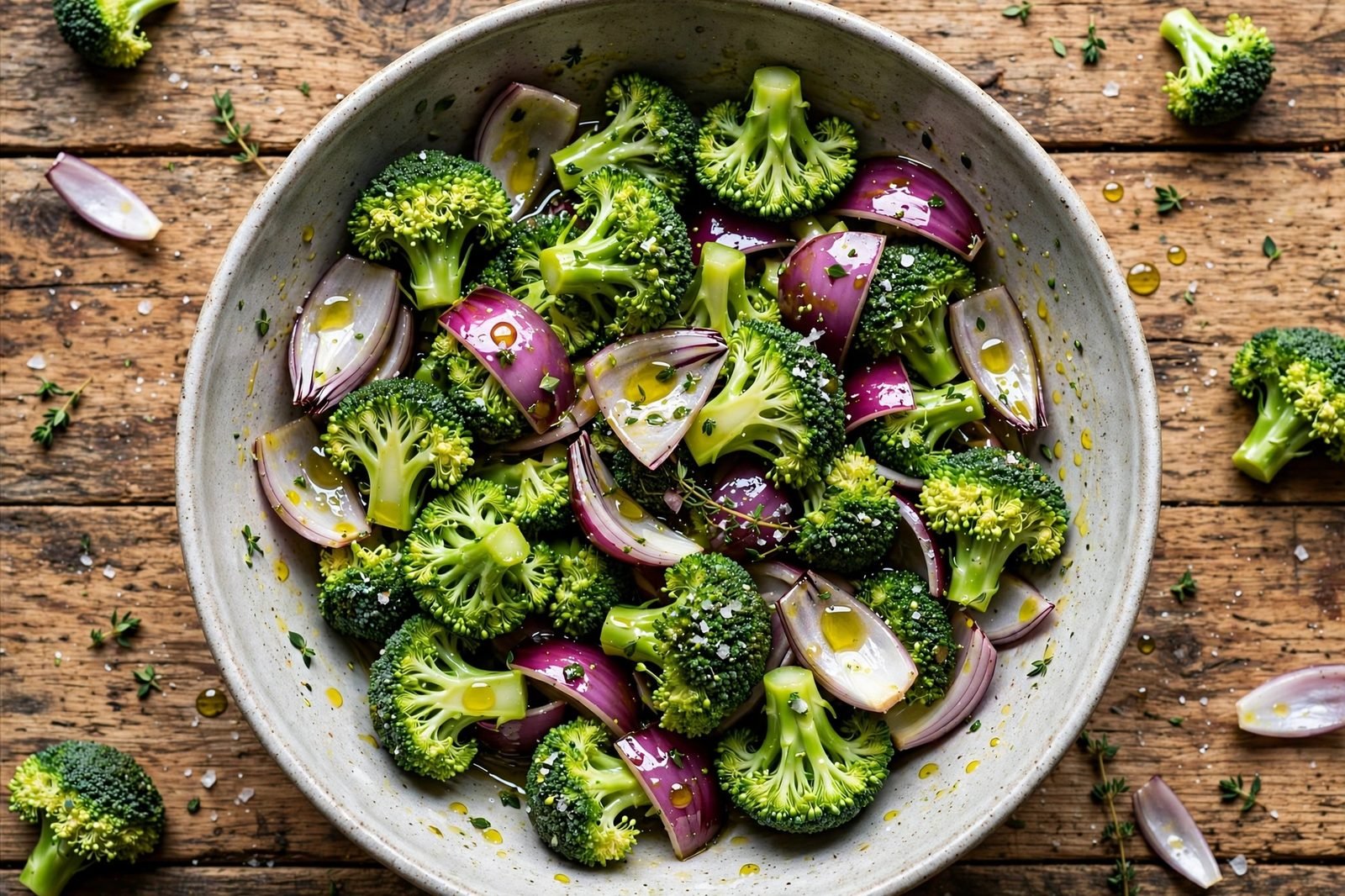 Broccoli and red onion tossed with oil