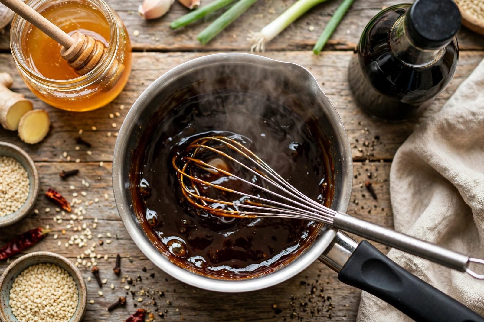 Whisking the homemade teriyaki glaze in a saucepan