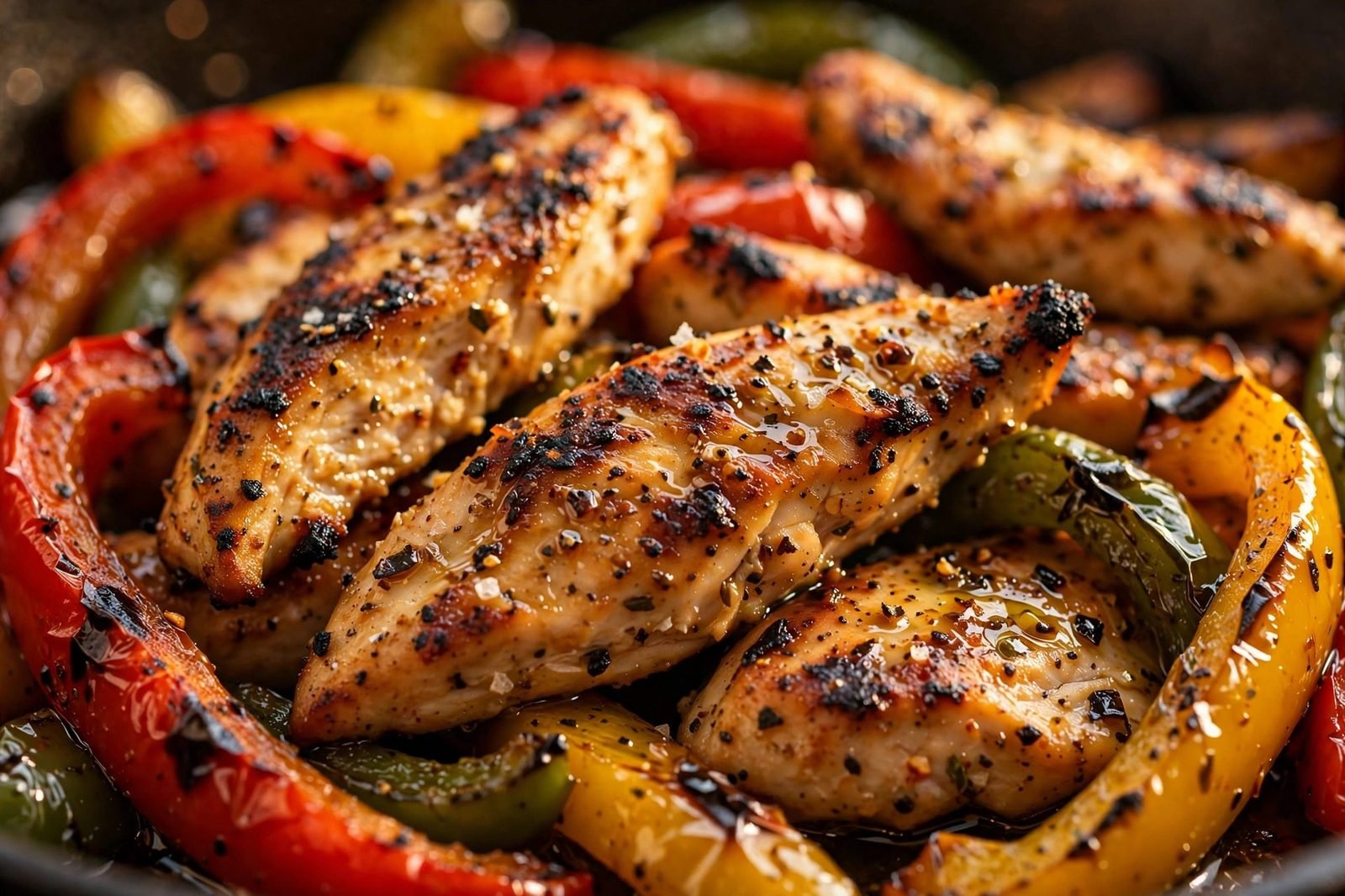 Close-up of a charred chicken strip with peppers