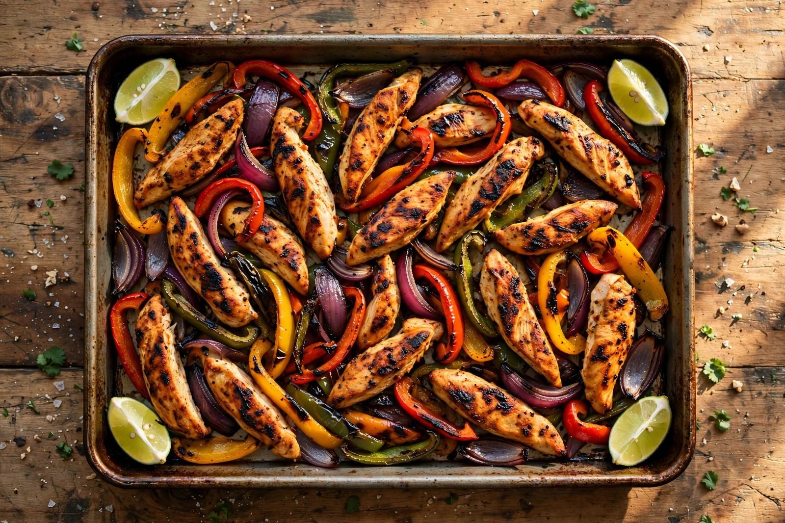 Overhead of a sheet pan of finished fajitas — seasoned chicken strips with charred bell peppers and red onion, lime wedges