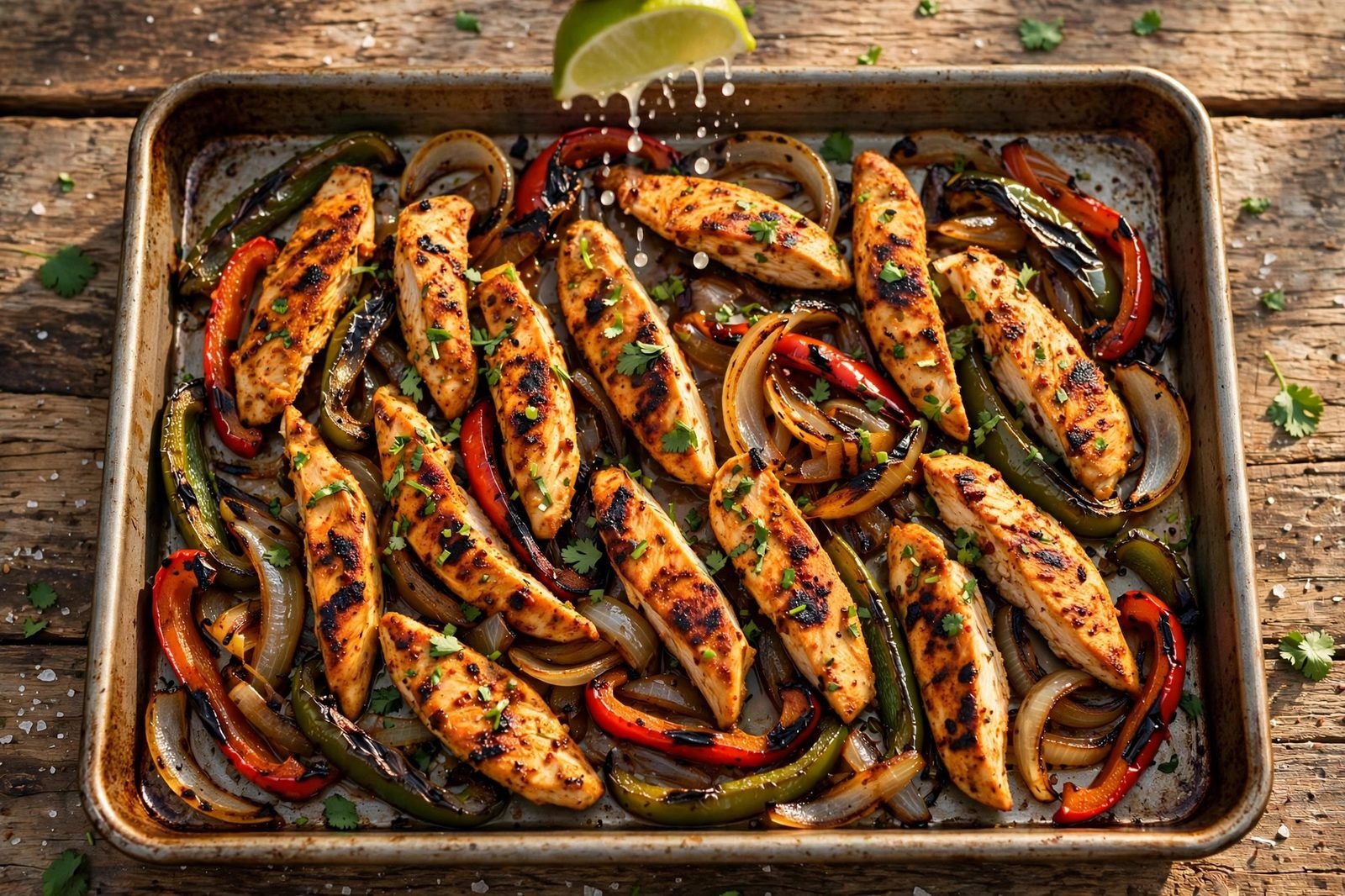 Finished pan of fajitas with charred edges, fresh lime squeezed over
