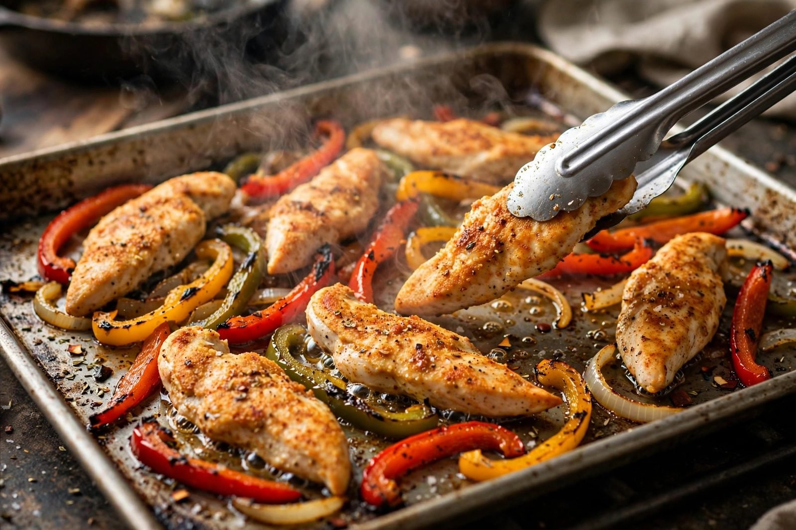 Fajitas being stirred and flipped halfway through roasting