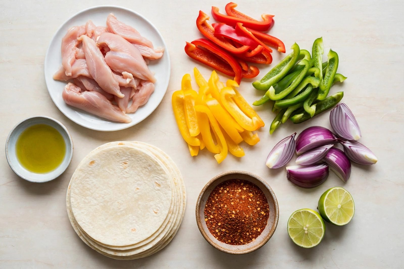 Ingredients for sheet pan fajitas: raw chicken strips, sliced peppers, red onion wedges, limes, tortillas, seasoning bowl