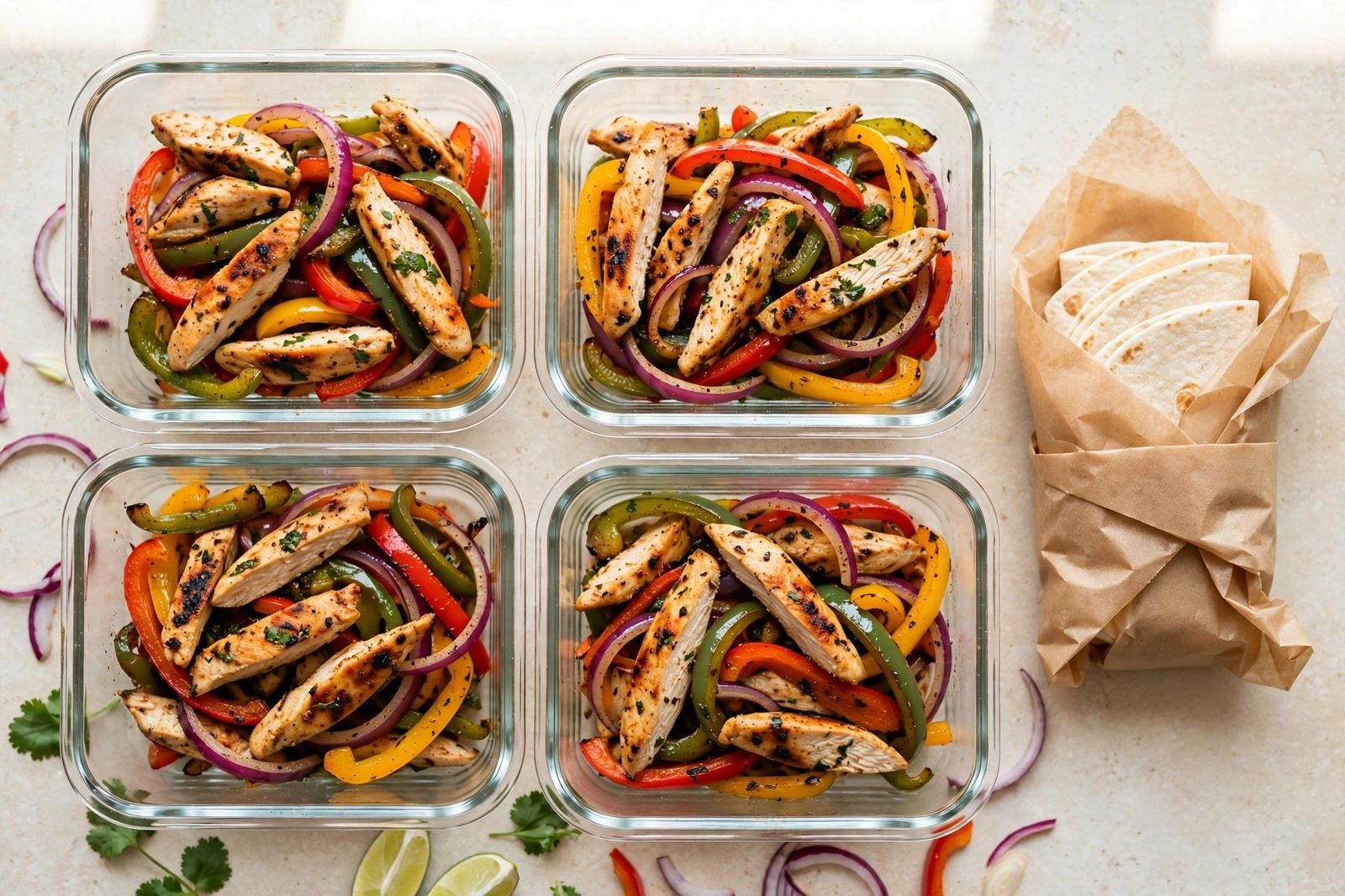 Meal-prep containers with fajita mixture