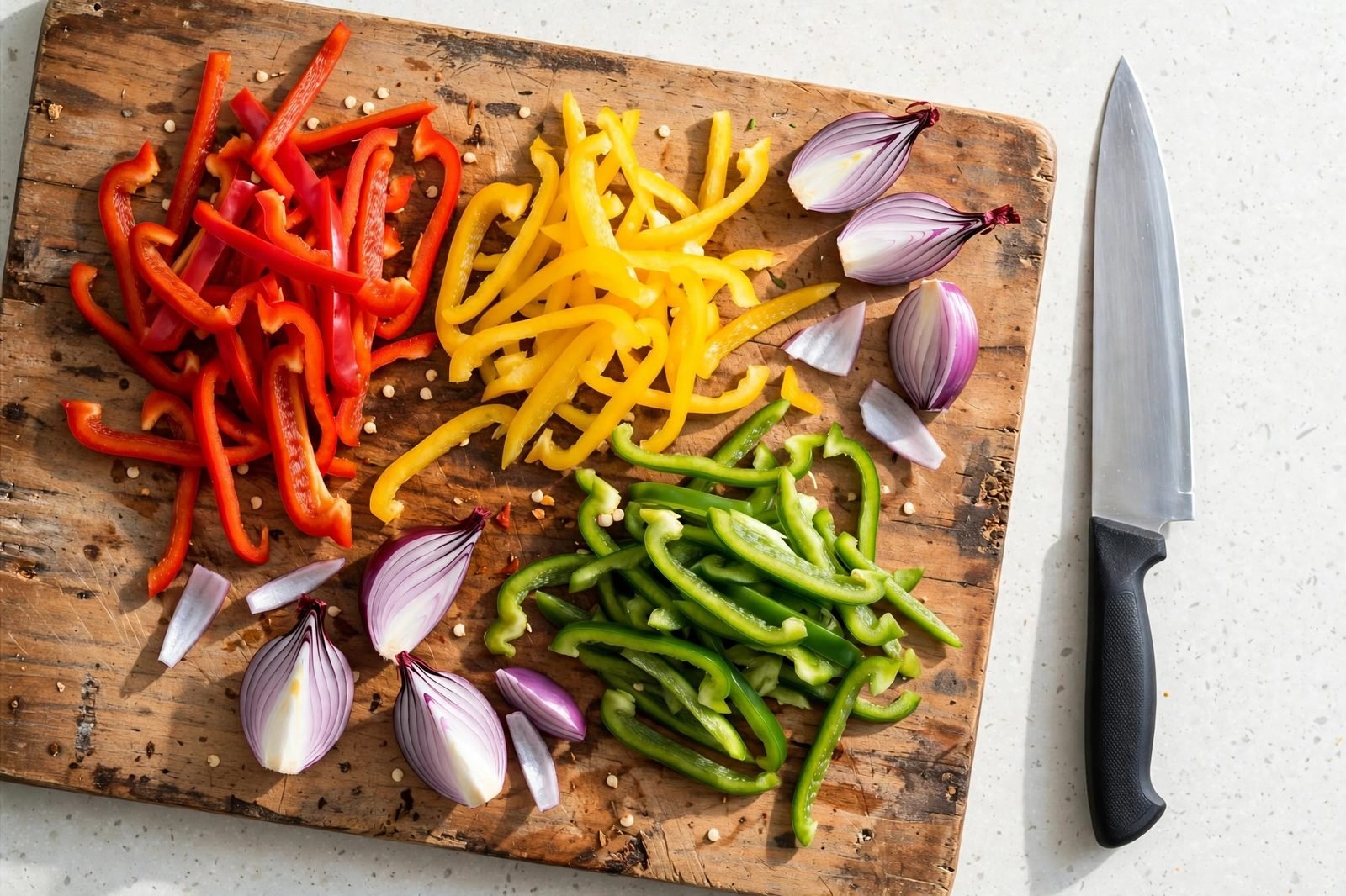 Sliced bell peppers and red onion on a cutting board