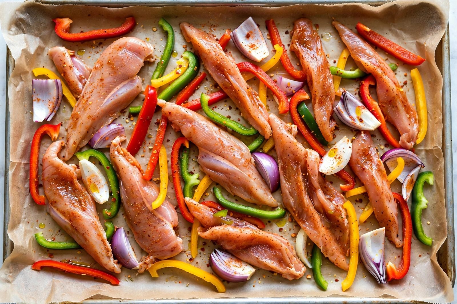Raw seasoned chicken, peppers, and onion spread in a single layer on a sheet pan