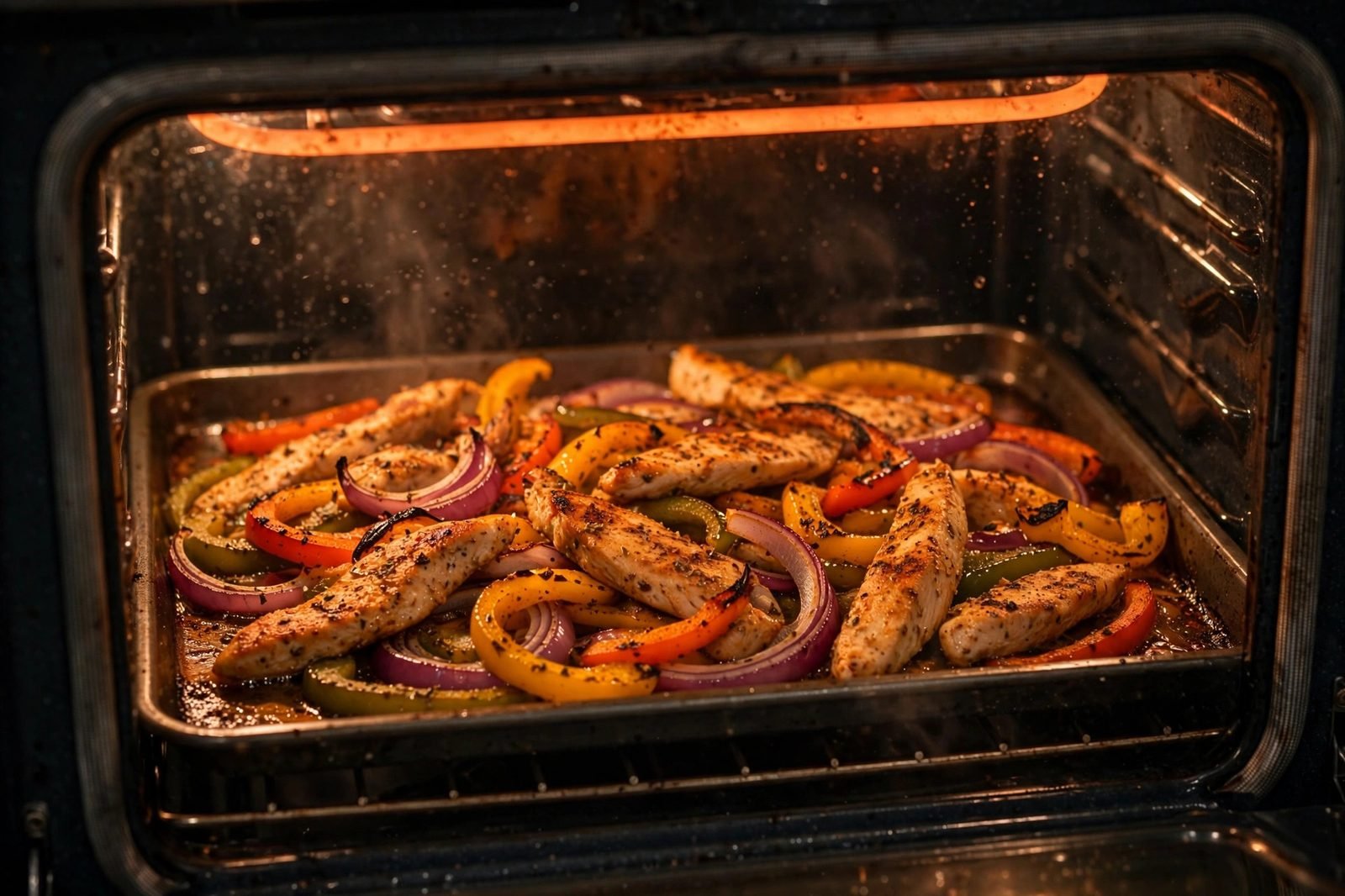 Sheet pan of fajitas roasting in the oven