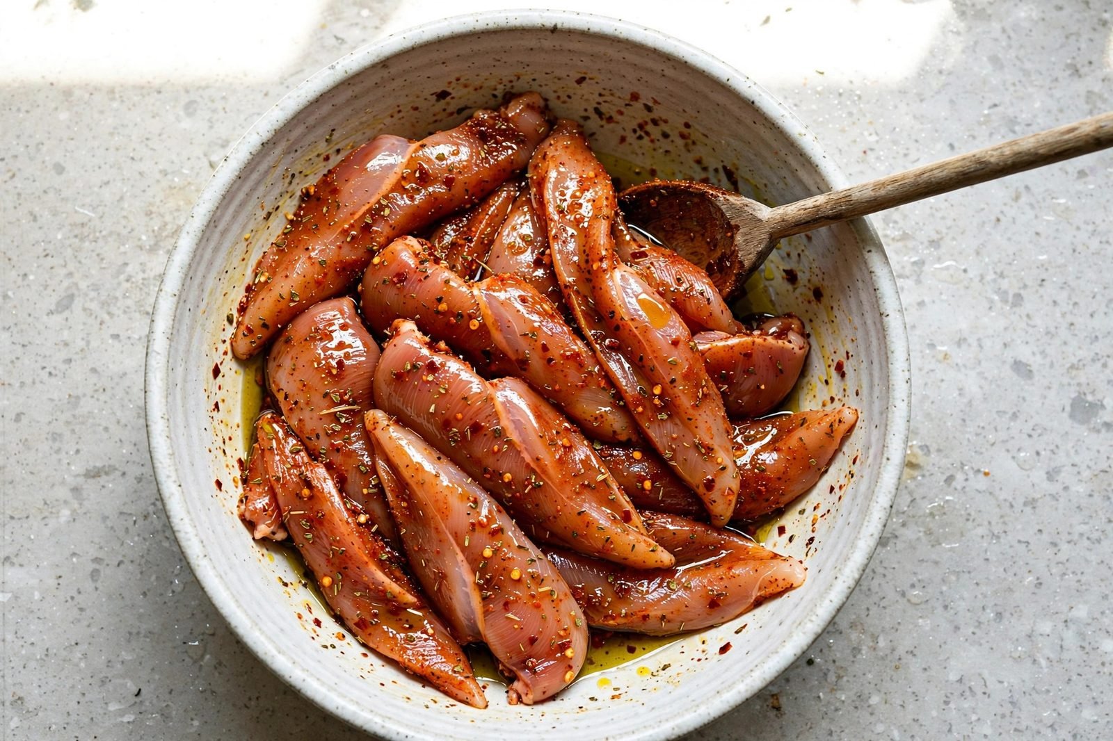 Chicken strips tossed with seasoning and oil in a mixing bowl