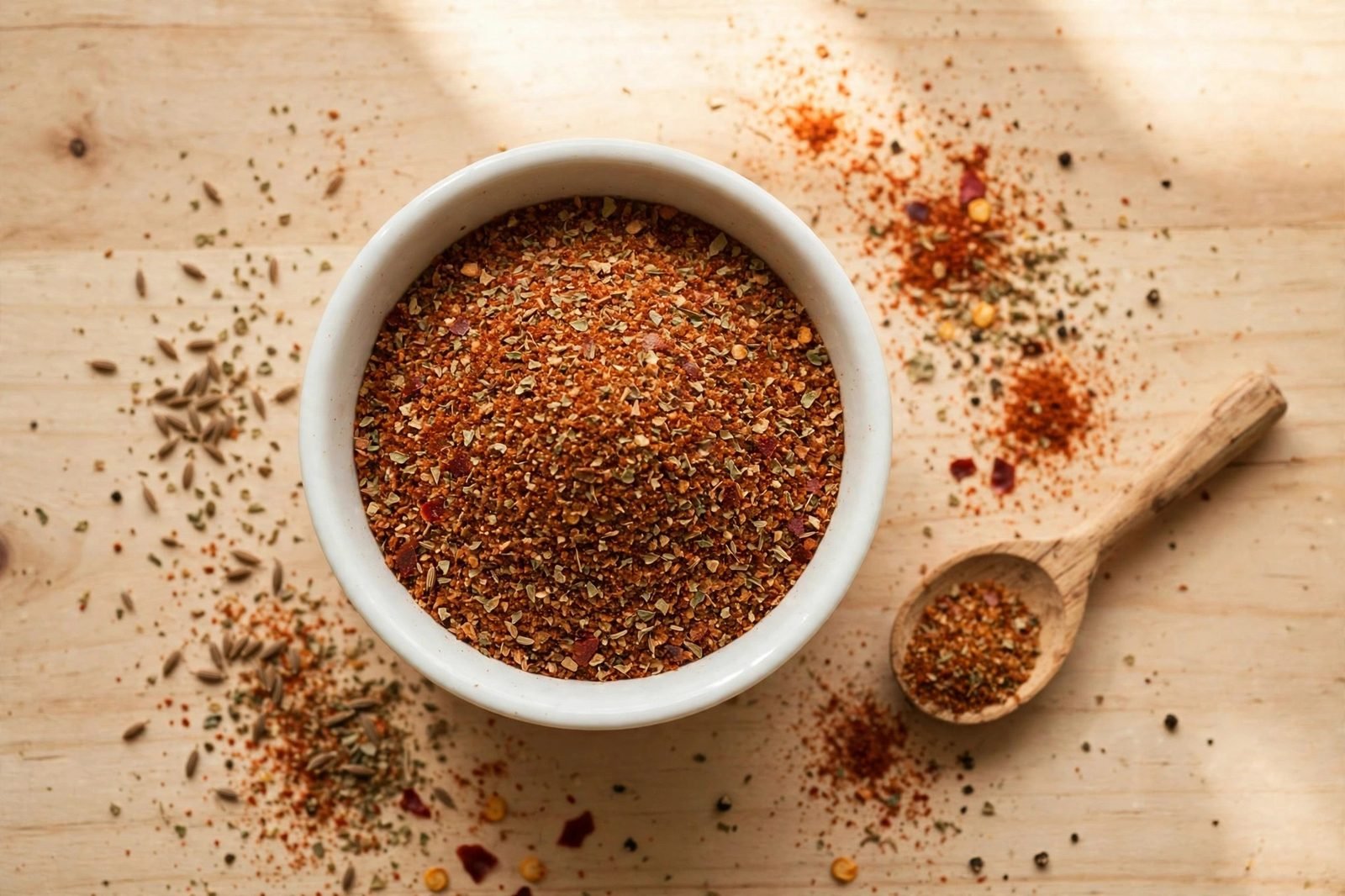 Homemade fajita seasoning in a small bowl with measuring spoons
