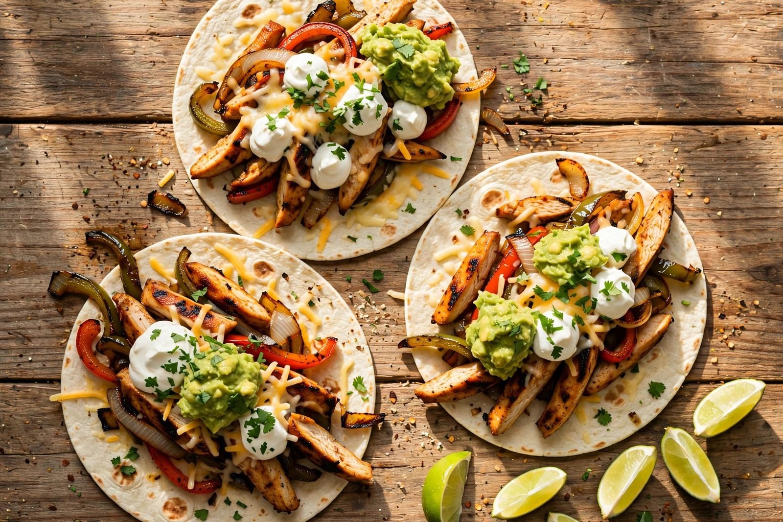 Fajitas loaded into warm tortillas with guacamole, sour cream, and cilantro