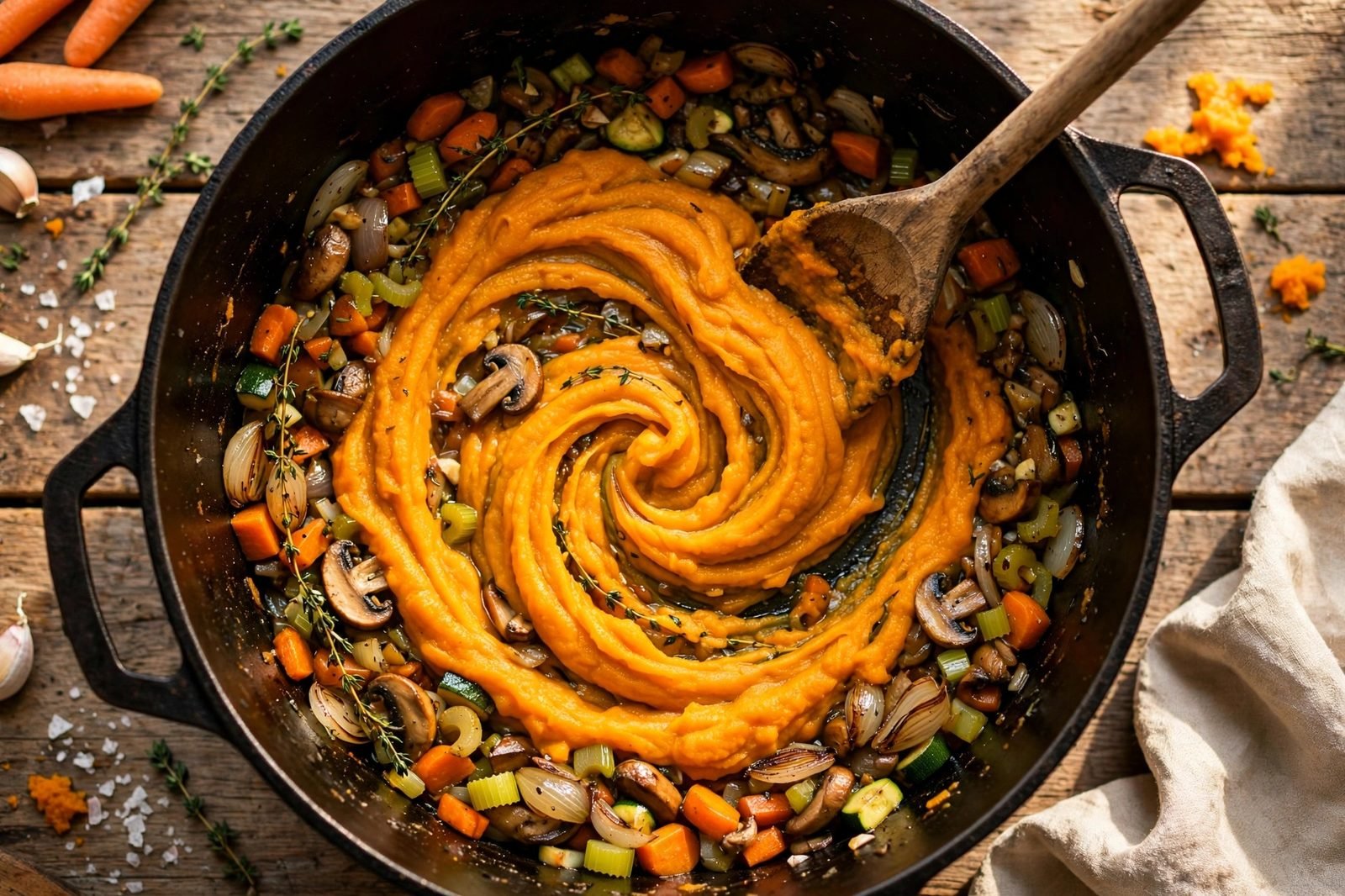 Pumpkin puree whisked into the soup — the creamy moment