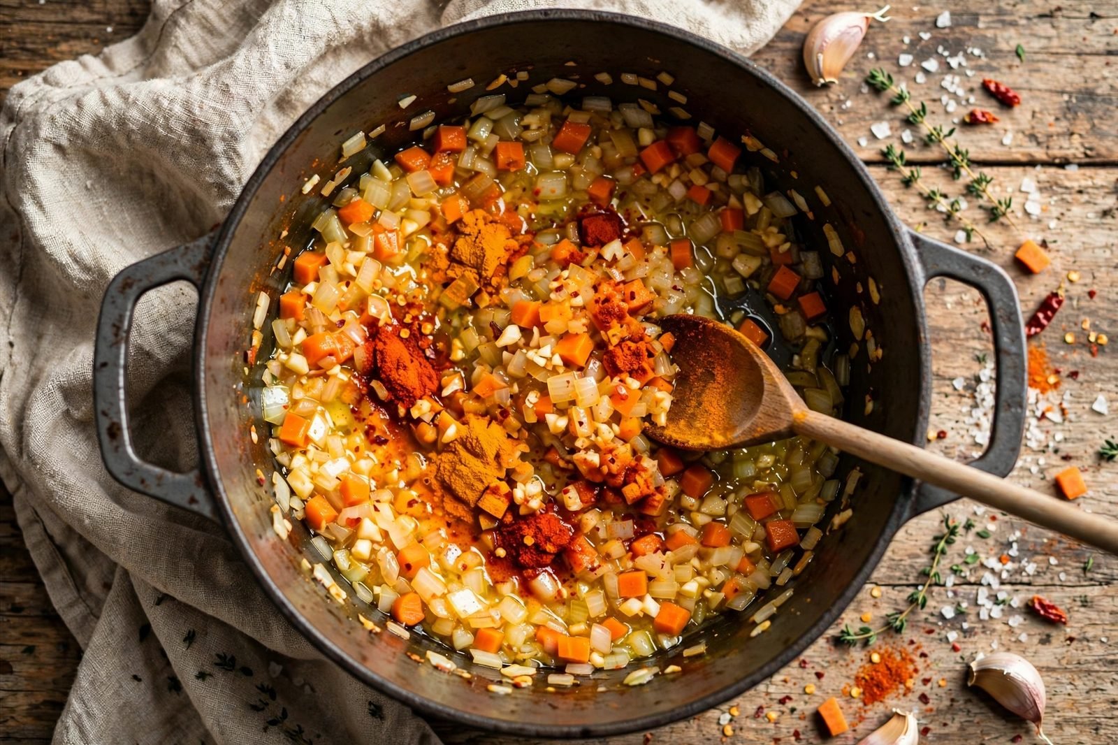 Warm spices blooming with garlic in the pot