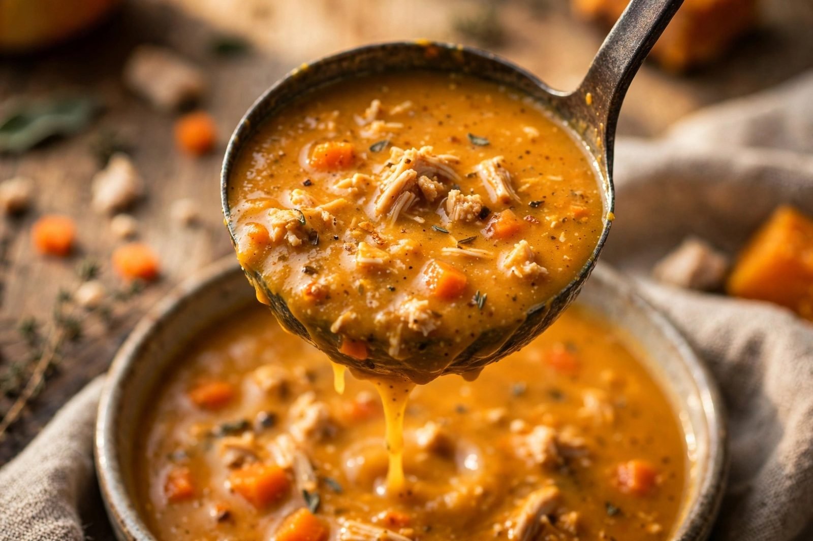 Close-up ladle of creamy pumpkin turkey soup