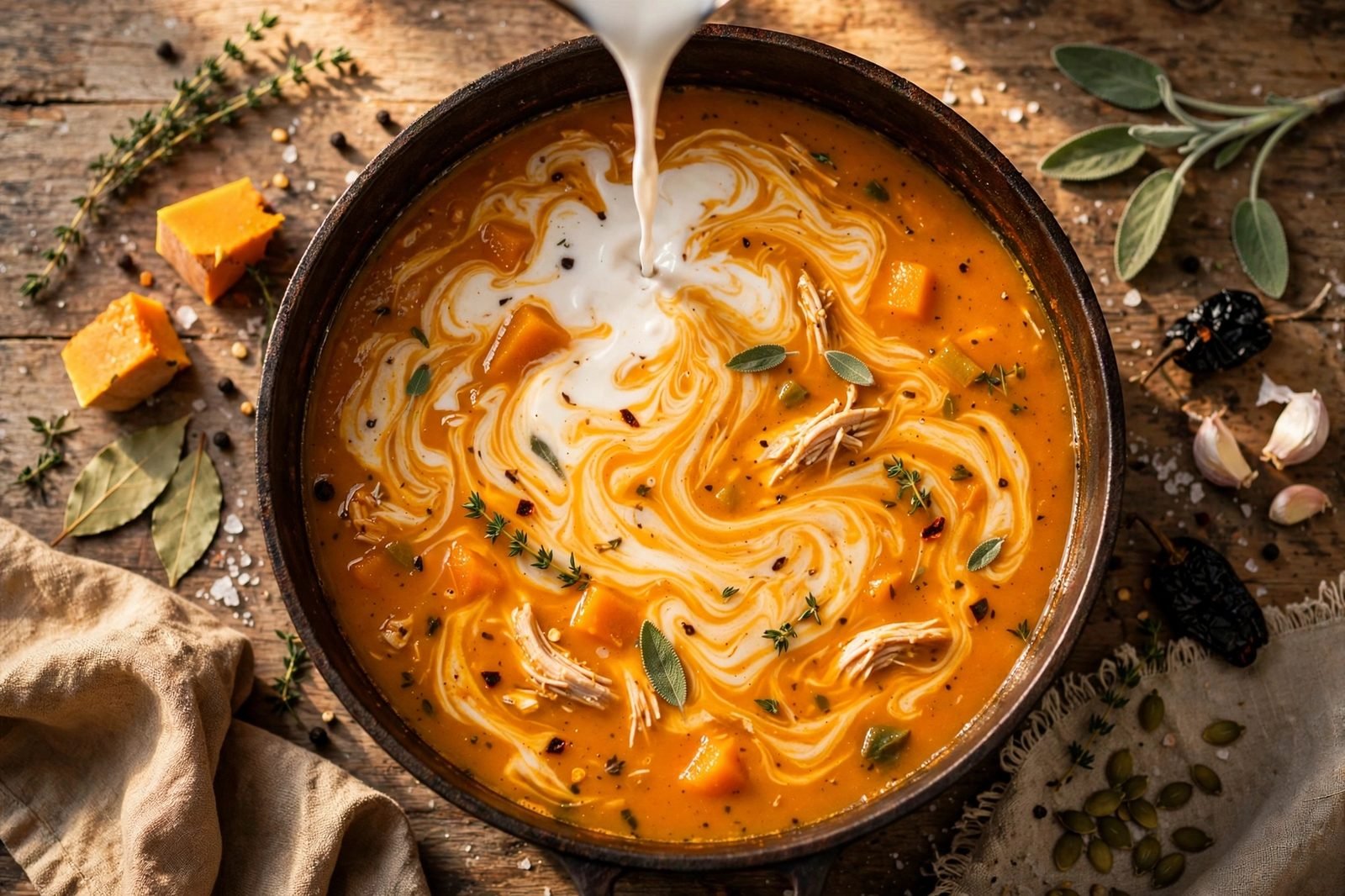 Coconut milk stirred into the soup