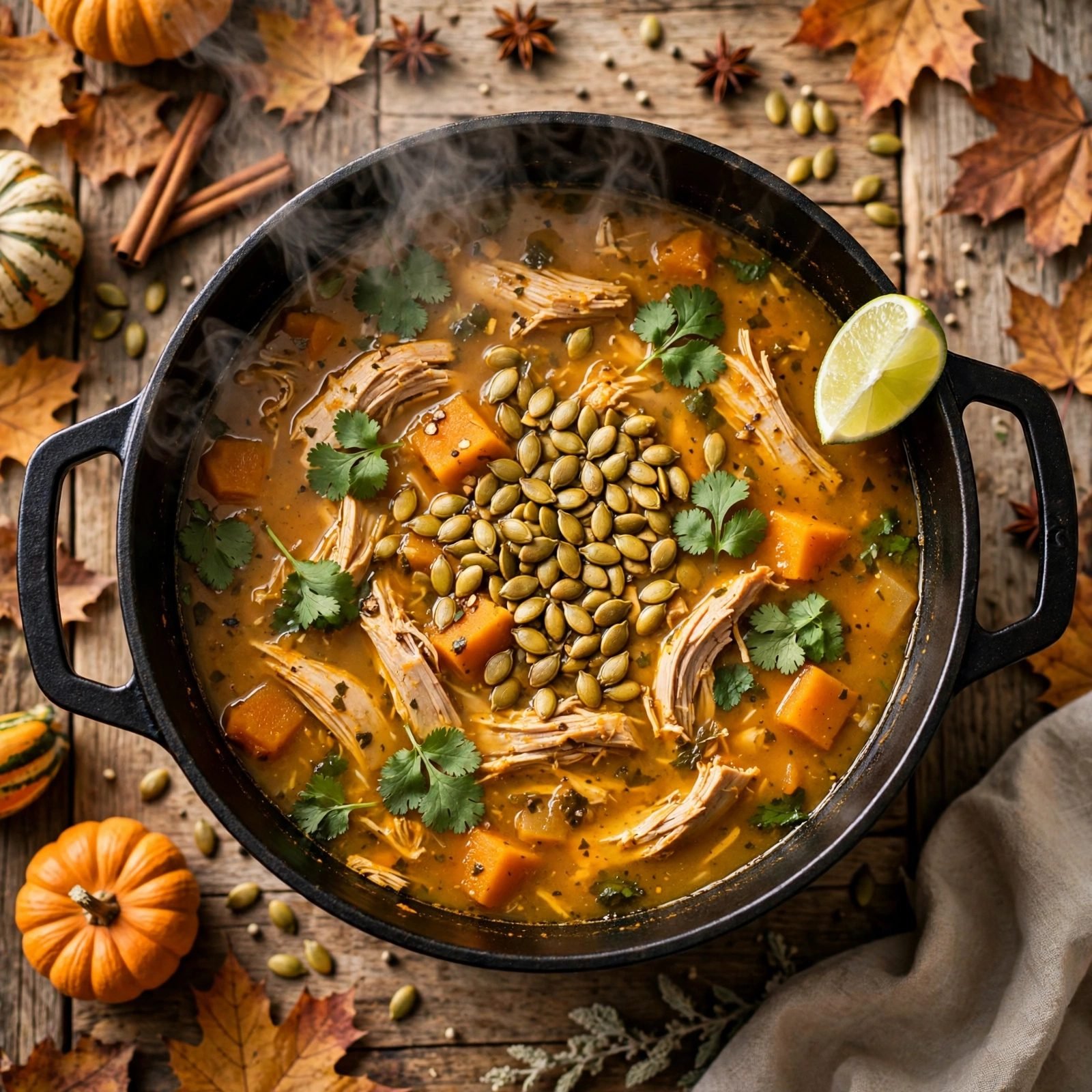 Finished pot of spiced pumpkin and turkey soup
