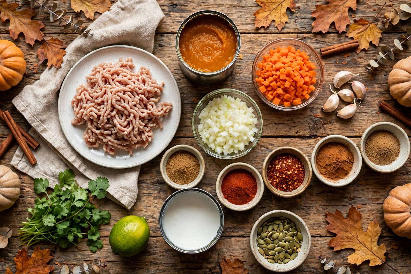 Ingredients for pumpkin turkey soup: ground turkey, pumpkin puree, onion, carrots, spices, coconut milk, and lime