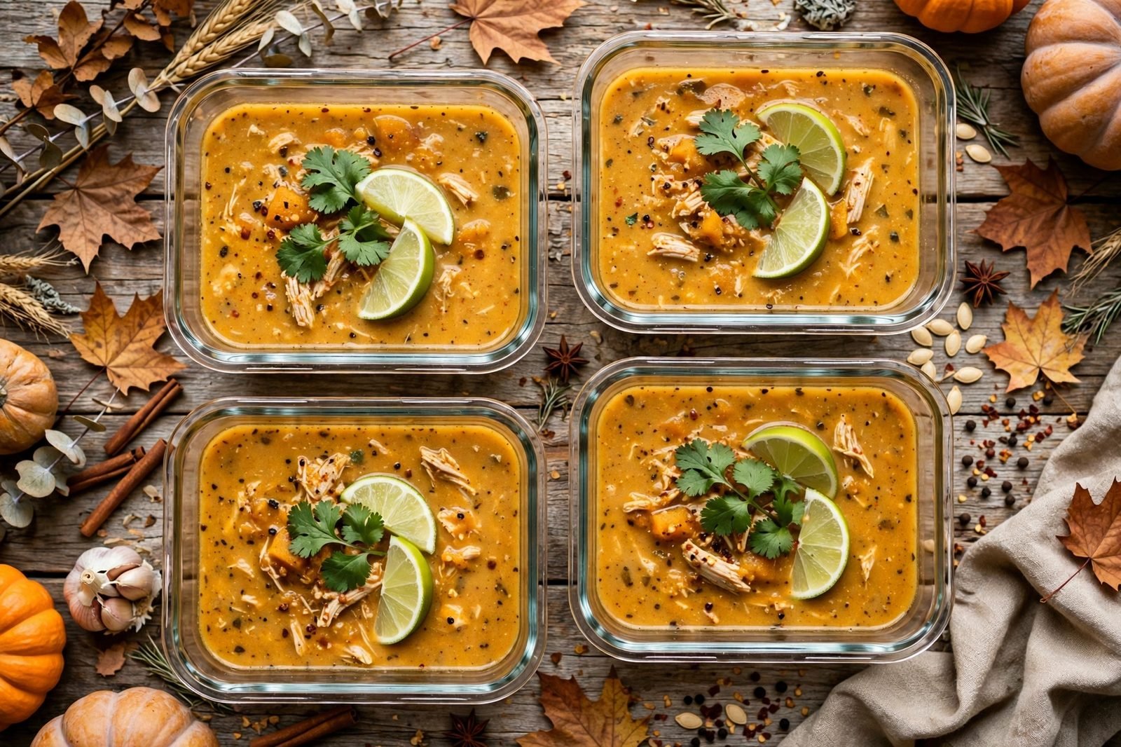 Pumpkin turkey soup portioned into meal-prep containers