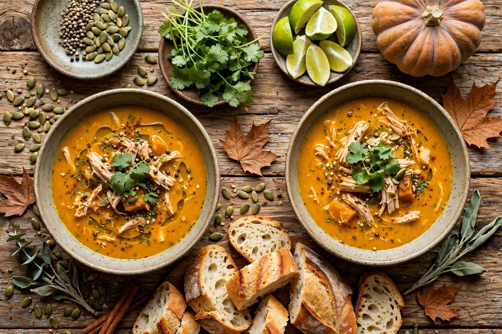 Overhead fall spread with pumpkin turkey soup, bread, and a small pumpkin