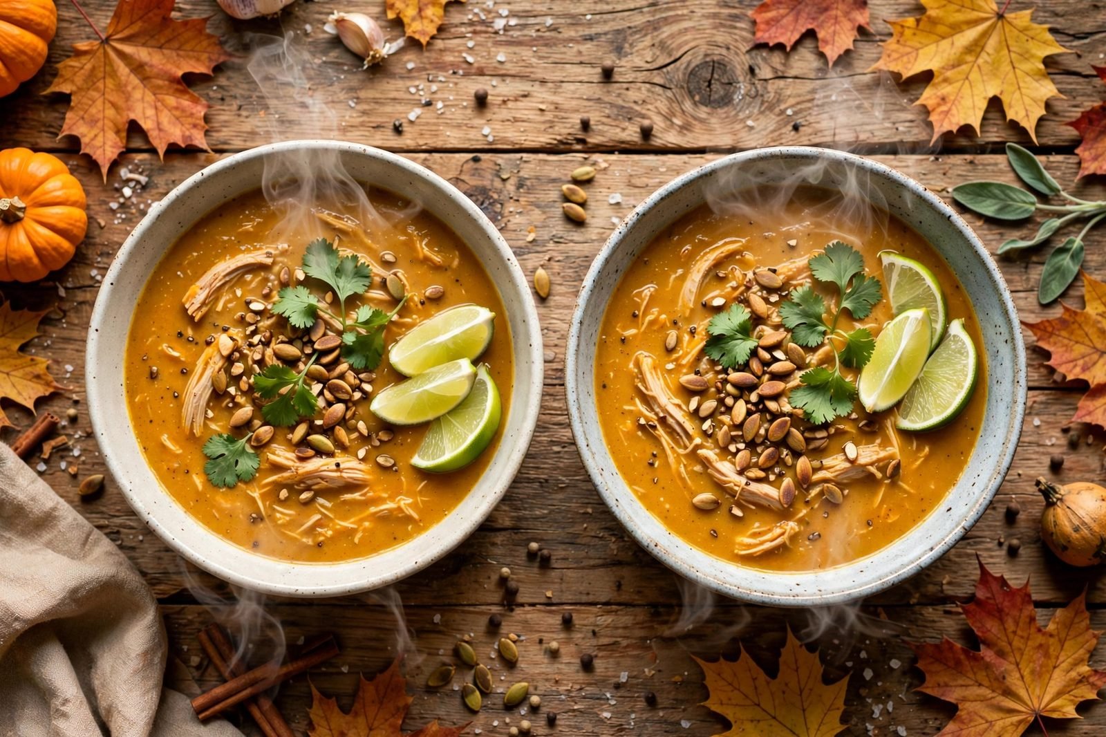 Served bowls of pumpkin turkey soup with pepitas