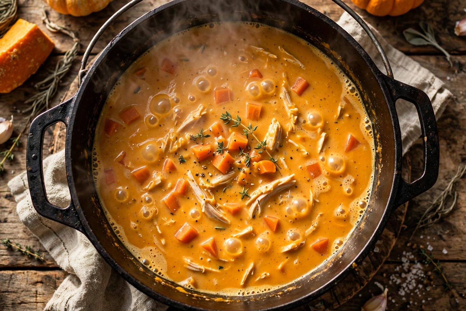 Pumpkin turkey soup simmering in the pot