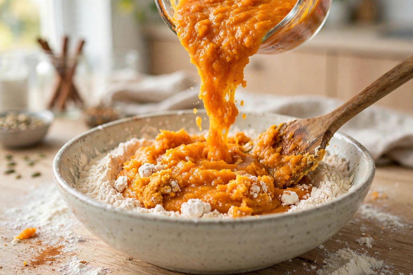 Folding the wet pumpkin mixture into the dry ingredients with a spatula to make a thick, slightly lumpy batter