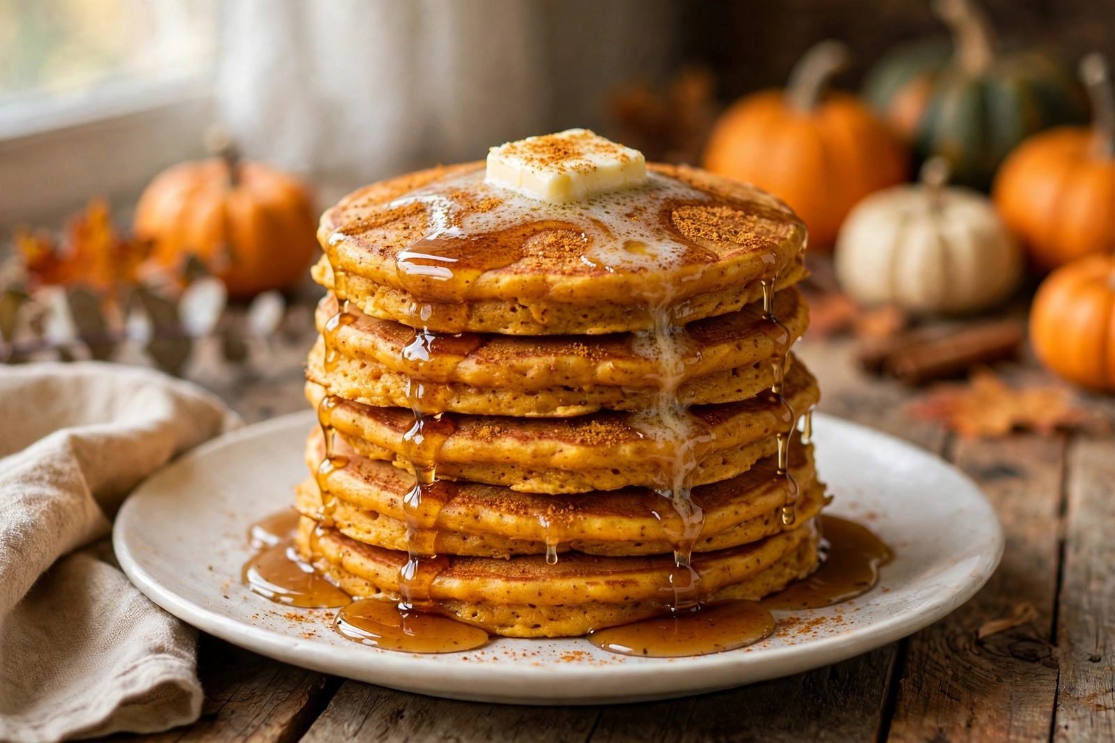 Tall stack of fluffy pumpkin pancakes with maple syrup dripping down and a pat of melting butter on top