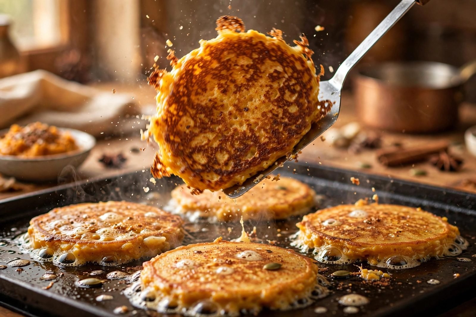Flipping a golden-brown pumpkin pancake on the griddle with a thin spatula