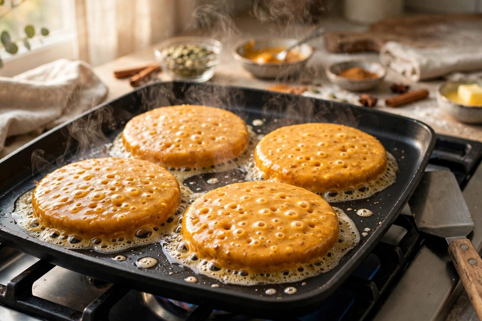 Four golden-orange pumpkin pancakes cooking on a buttered griddle with bubbles forming on the uncooked surfaces
