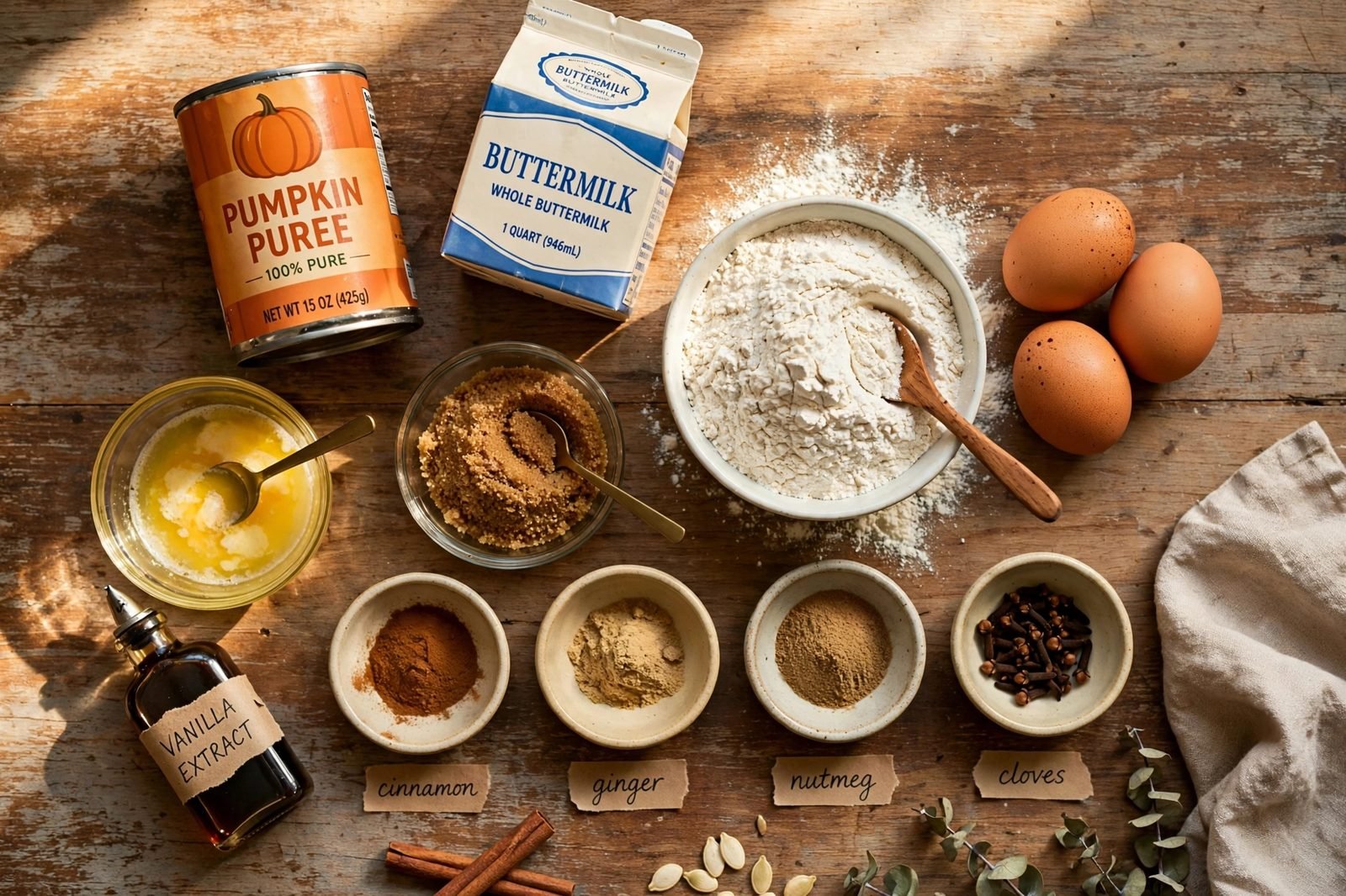 Ingredients for pumpkin pancakes: pumpkin puree, buttermilk, eggs, flour, brown sugar, melted butter, vanilla, and pumpkin spice