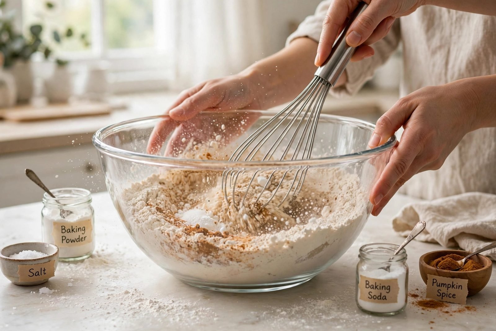Whisking the dry ingredients — flour, baking powder, baking soda, salt, and pumpkin spice — in a large mixing bowl