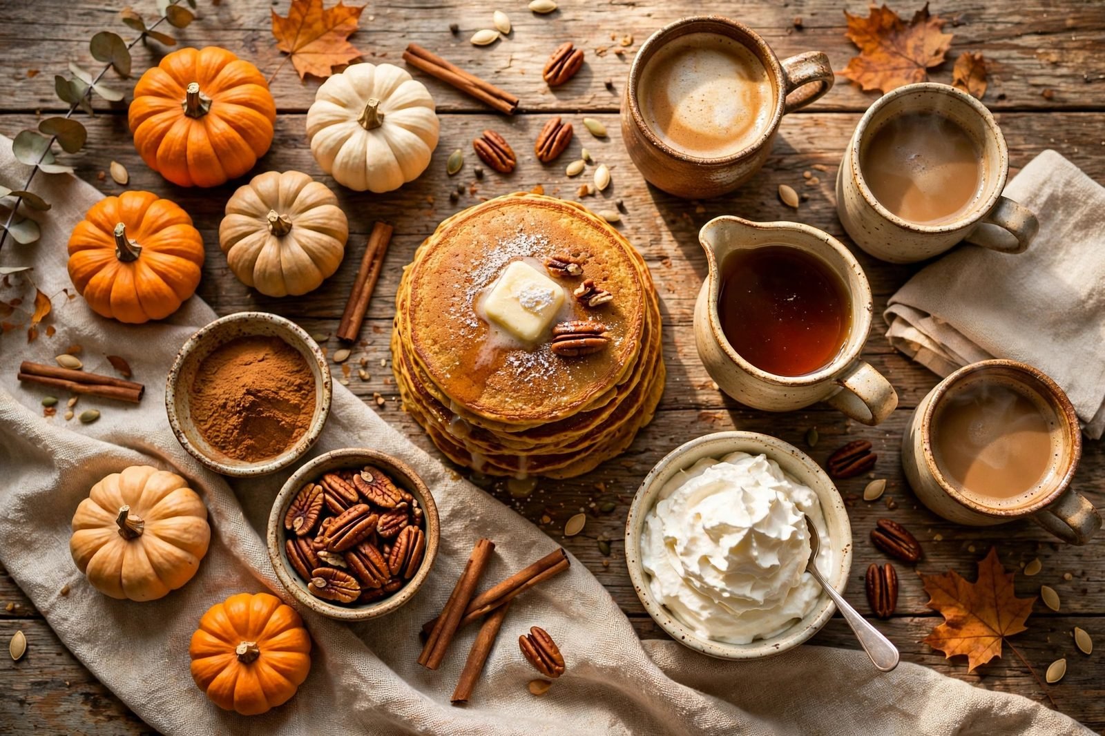 Overhead fall breakfast spread with pumpkin pancakes, a pitcher of maple syrup, whipped cream, cinnamon, pecans, and mini pumpkins