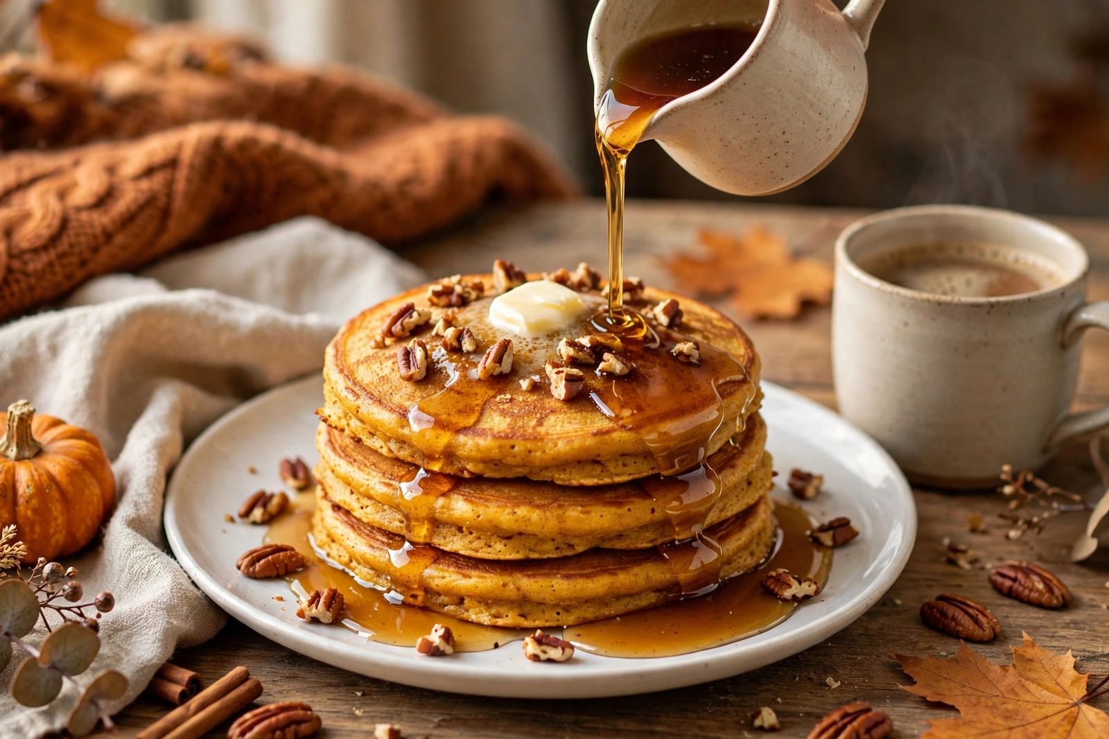 Plated stack of pumpkin pancakes with maple syrup being poured over, melting butter, and toasted pecans on top
