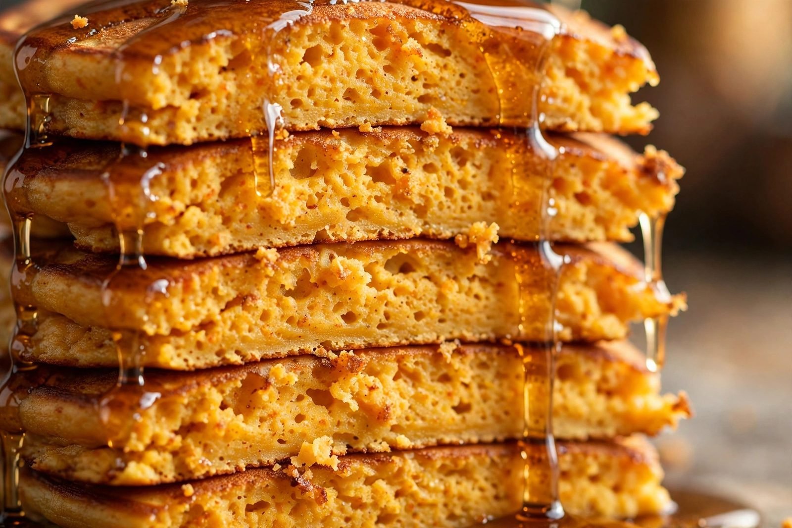 Close-up cross-section of a tall stack of fluffy pumpkin pancakes showing the airy texture with maple syrup cascading down