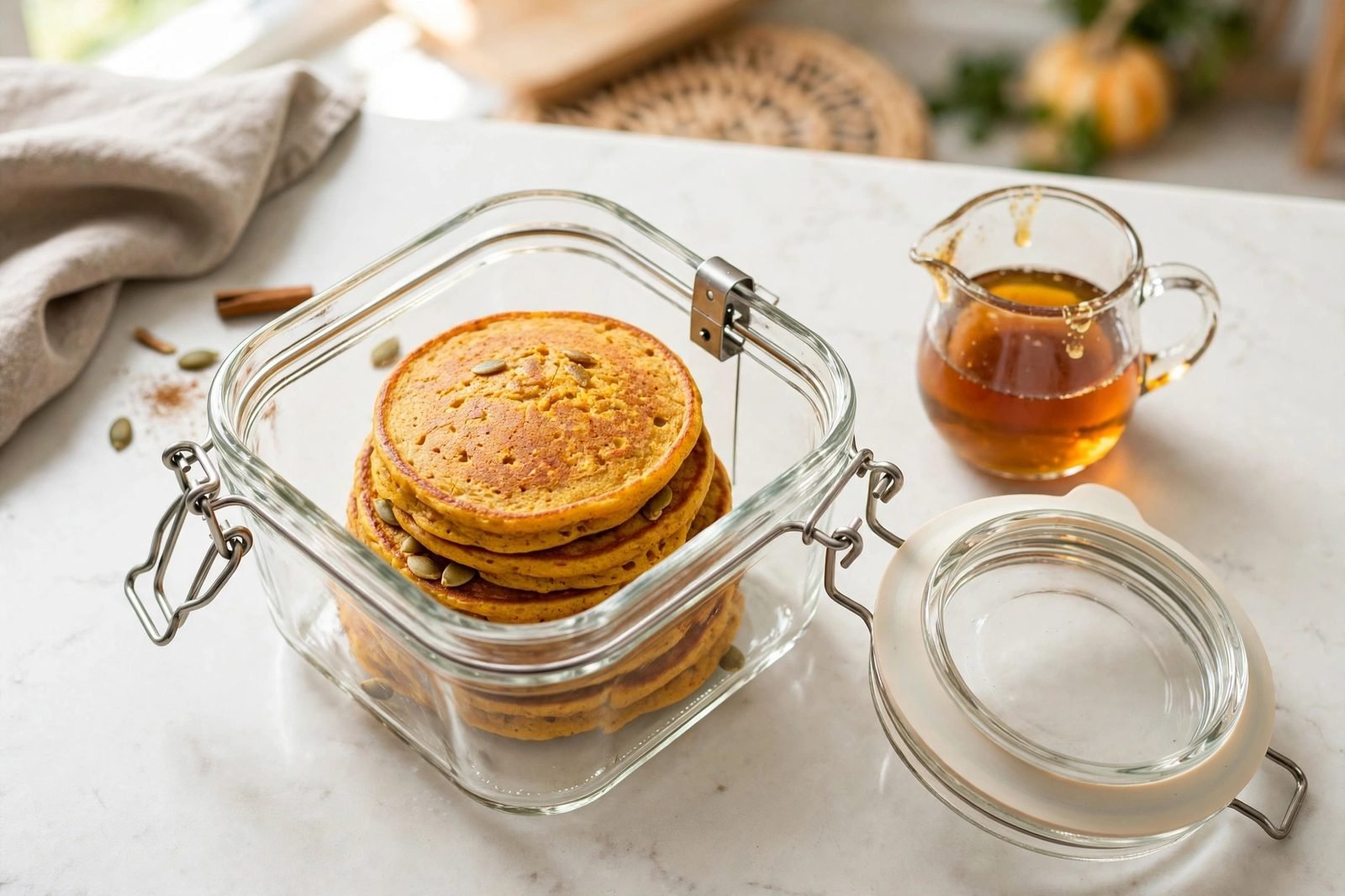 Stack of pumpkin pancakes stored in a clear glass airtight container for meal prep