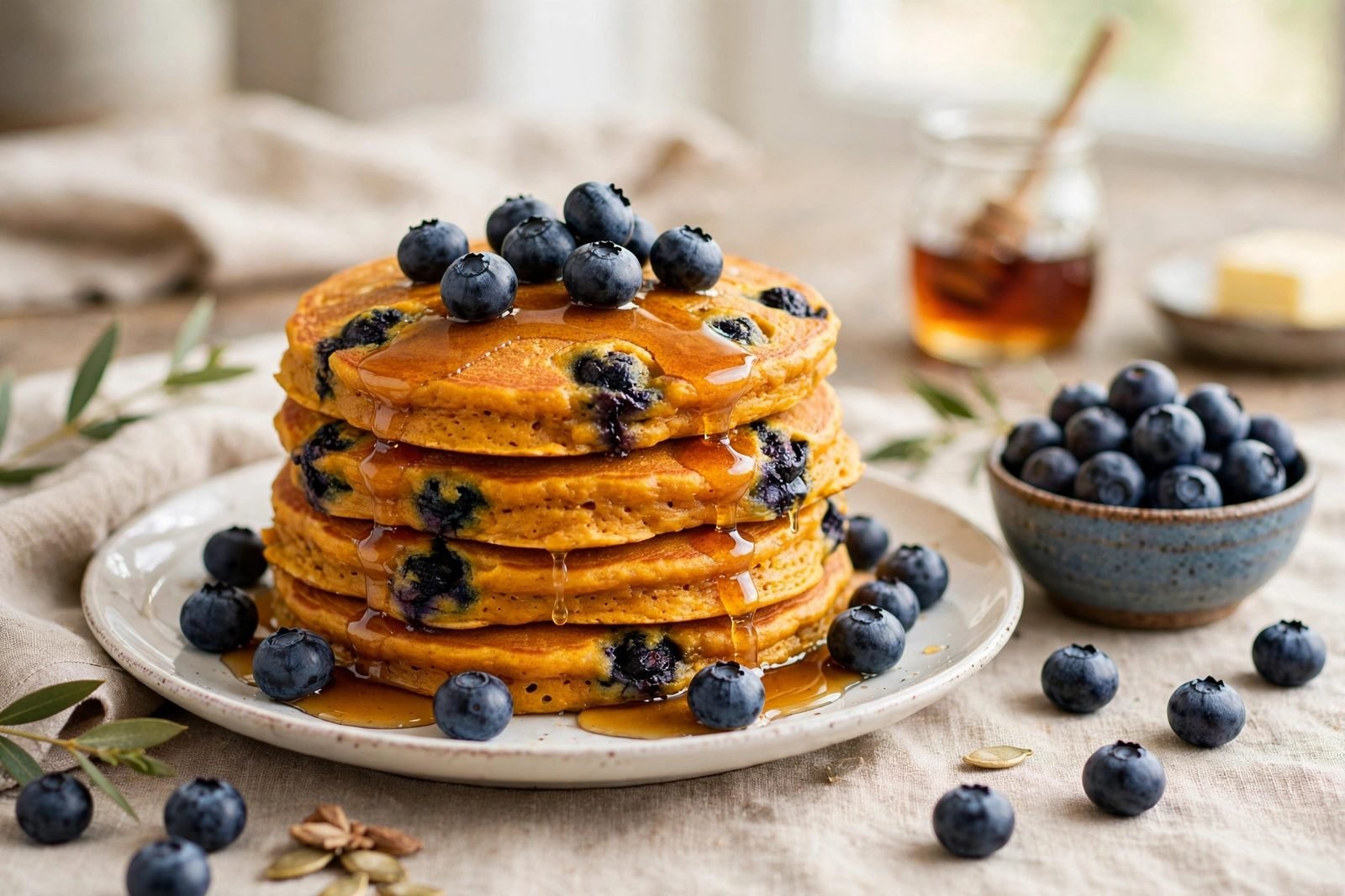 Stack of blueberry-studded pumpkin pancakes topped with fresh blueberries and a drizzle of maple syrup