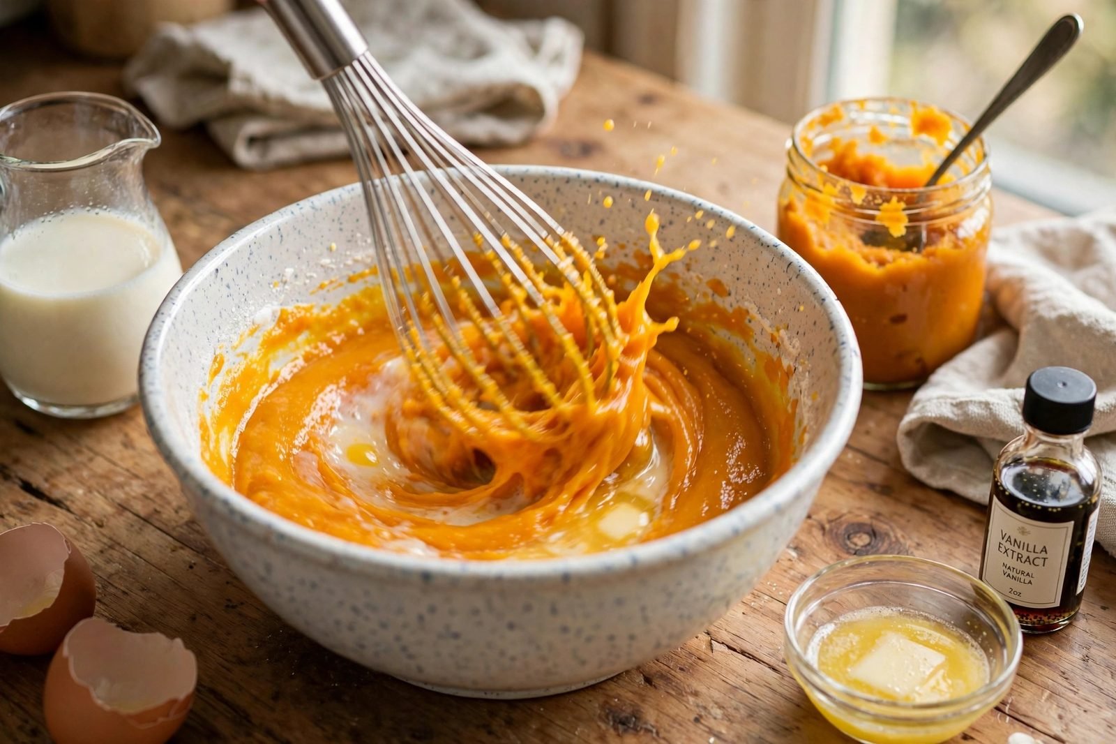 Whisking pumpkin puree, buttermilk, eggs, melted butter, and vanilla into a smooth orange mixture in a second bowl