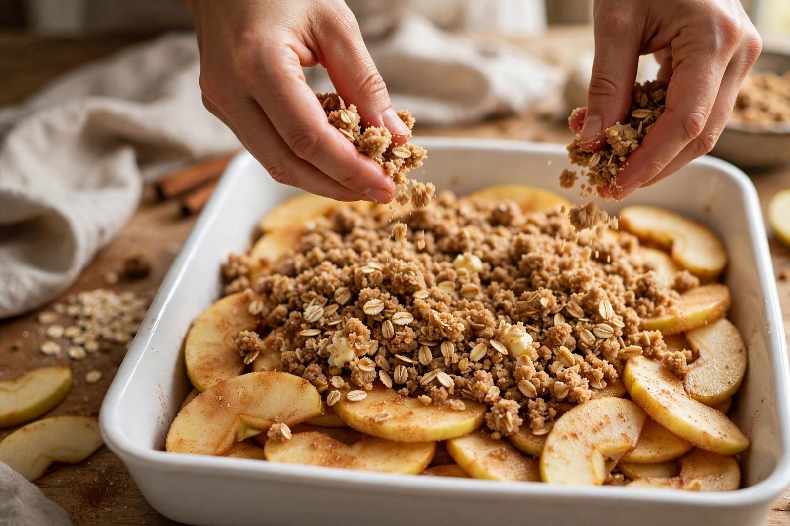 Crumbling the oat streusel over the apple filling in a 9x13 baking dish