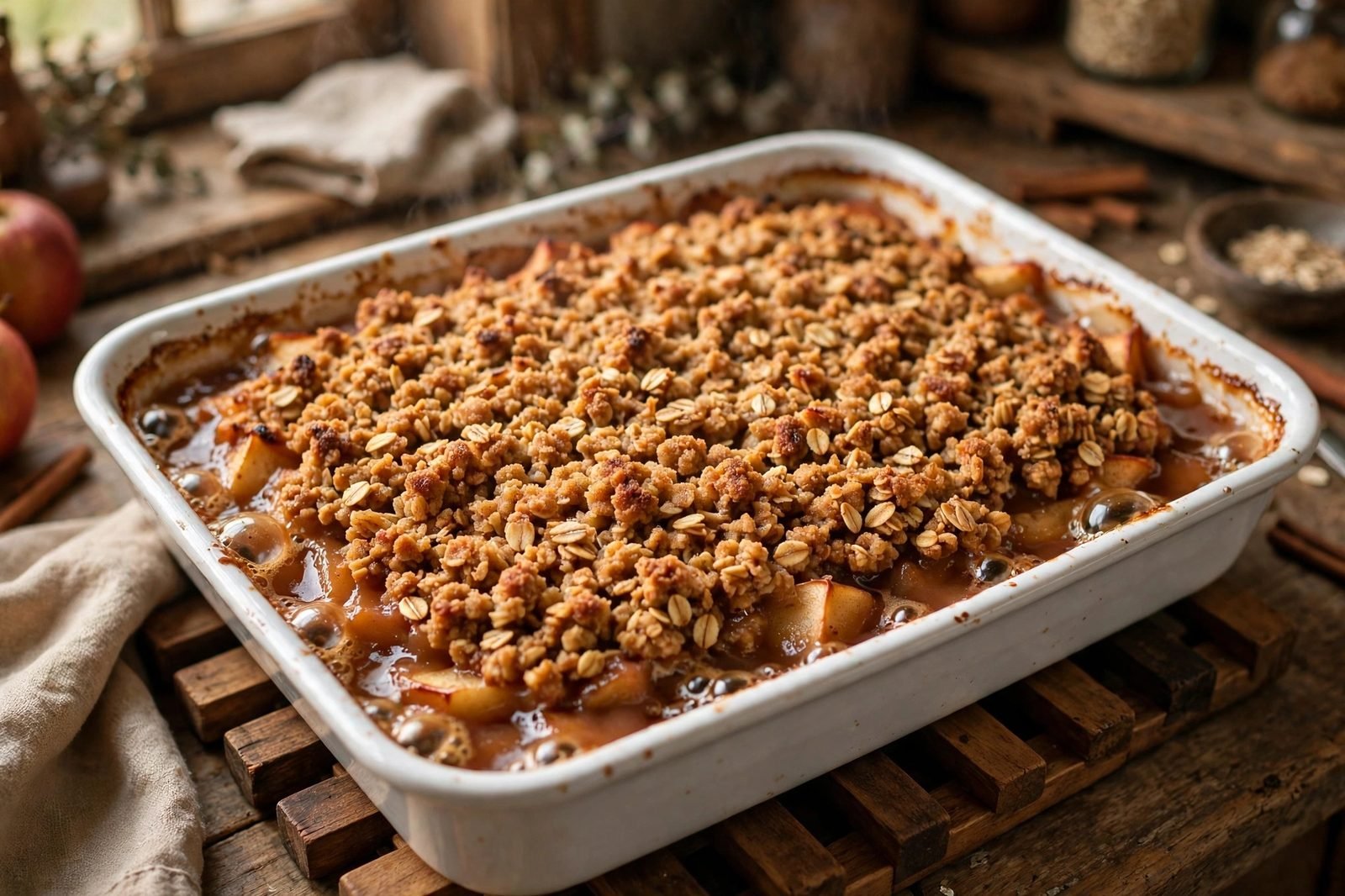 Freshly baked apple crisp with golden oat topping, bubbly at the edges