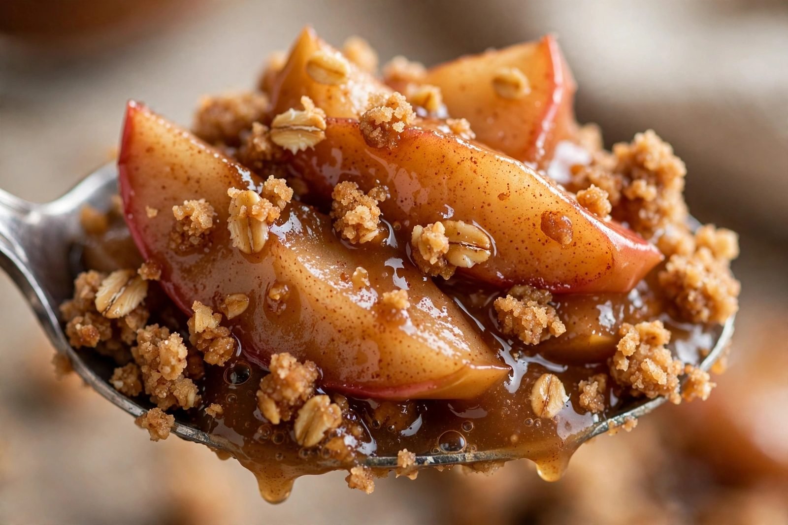 Close-up scoop of apple crisp showing tender cinnamon apples and chunky oat streusel